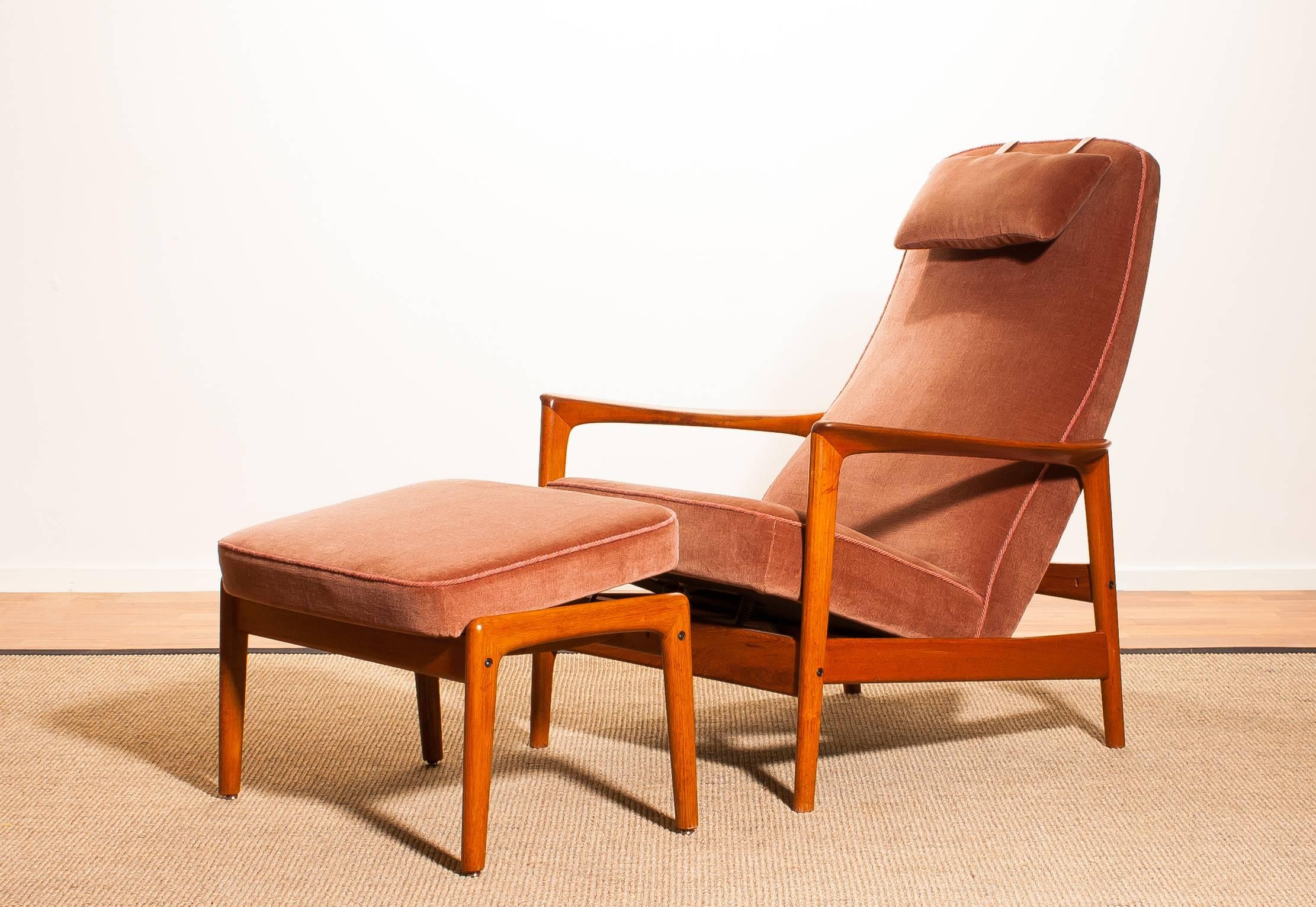 1950s, Teak and Velours Rocking Chair and Ottoman by Folke Ohlsson for DUX 2