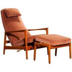 1950s, Teak and Velours Rocking Chair and Ottoman by Folke Ohlsson for DUX
