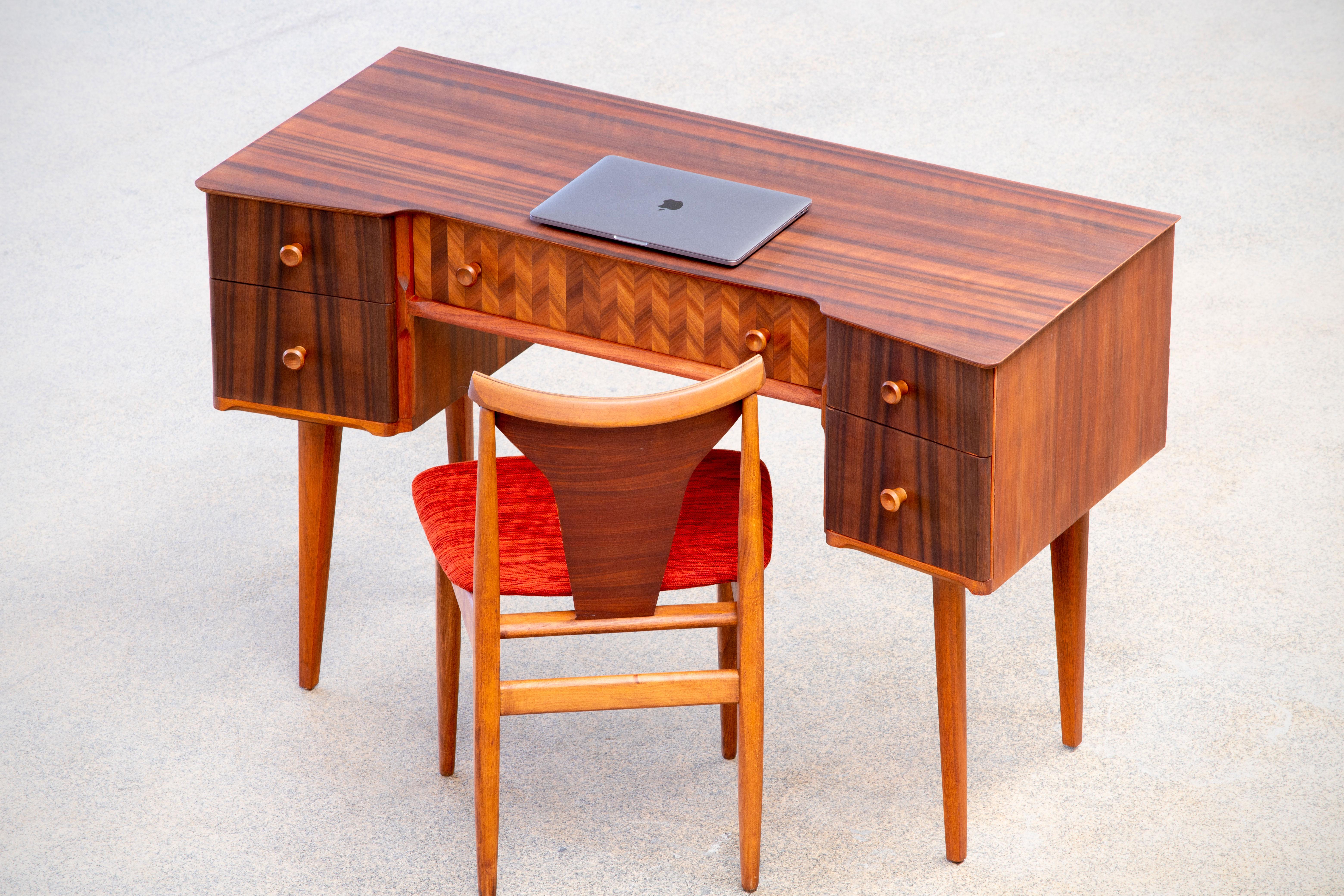 1950s Teak and Walnut Writing Desk with Marquetry 3