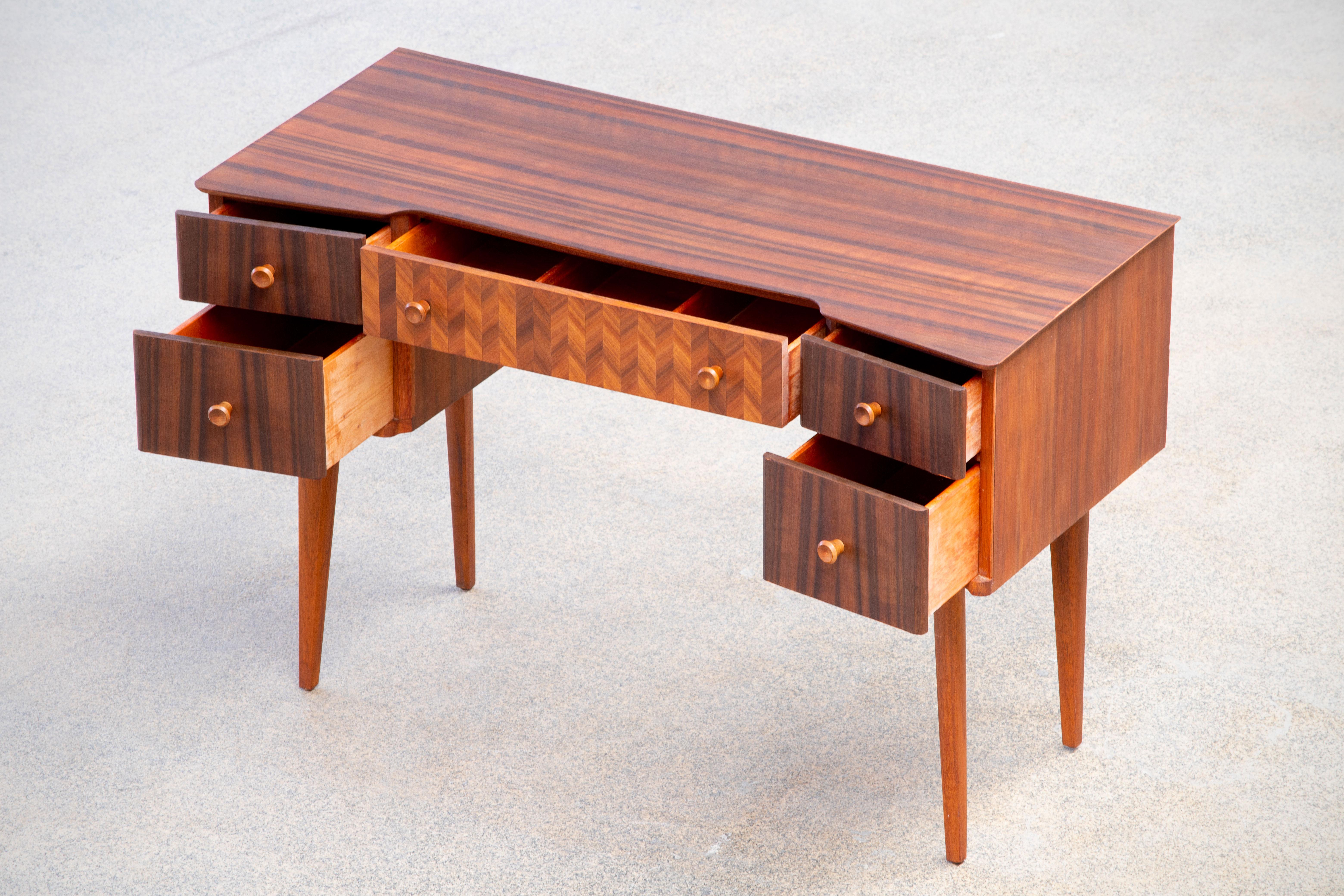 1950s Teak and Walnut Writing Desk with Marquetry 4