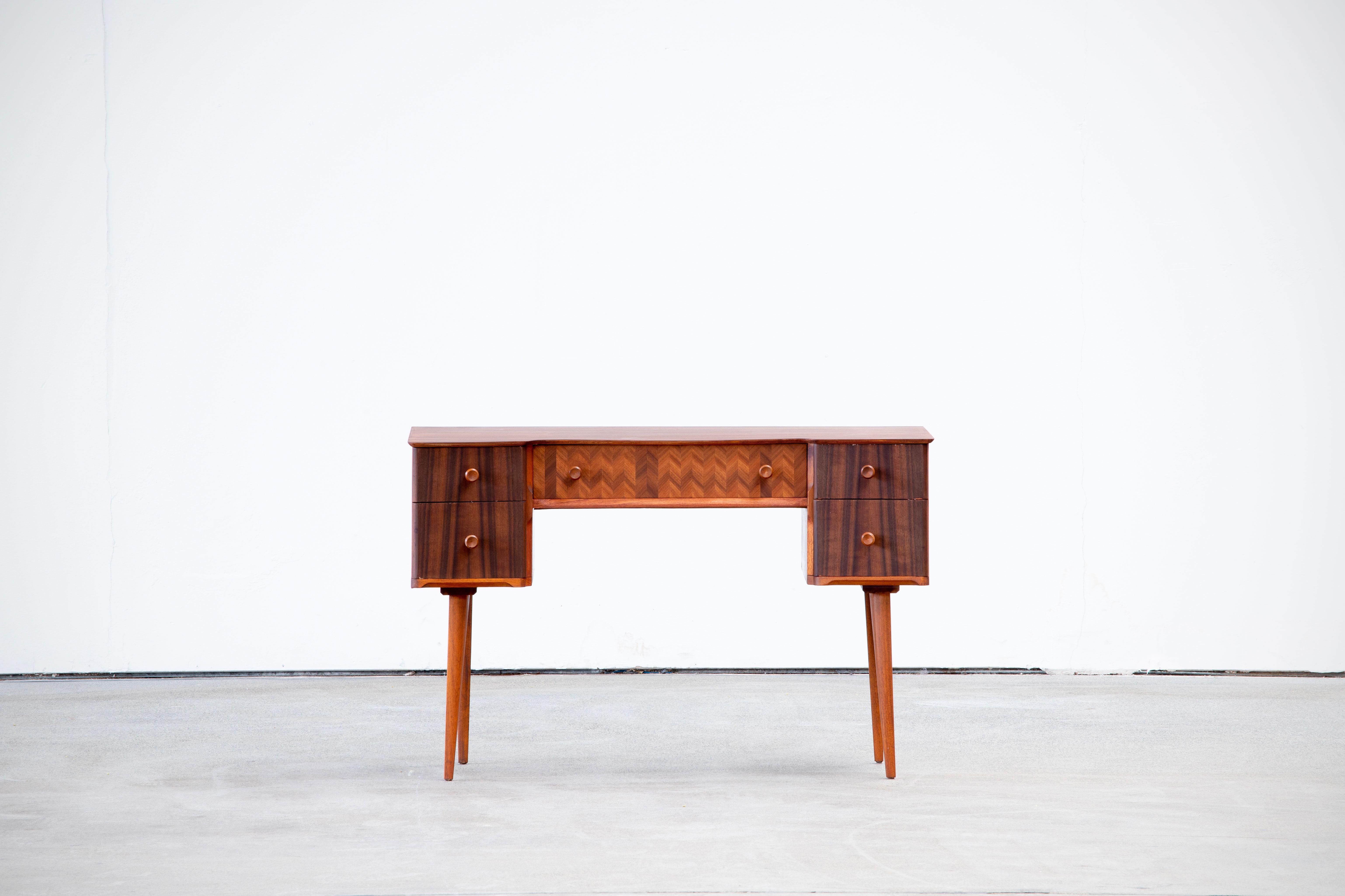 1950s Teak and Walnut Writing Desk with Marquetry 5