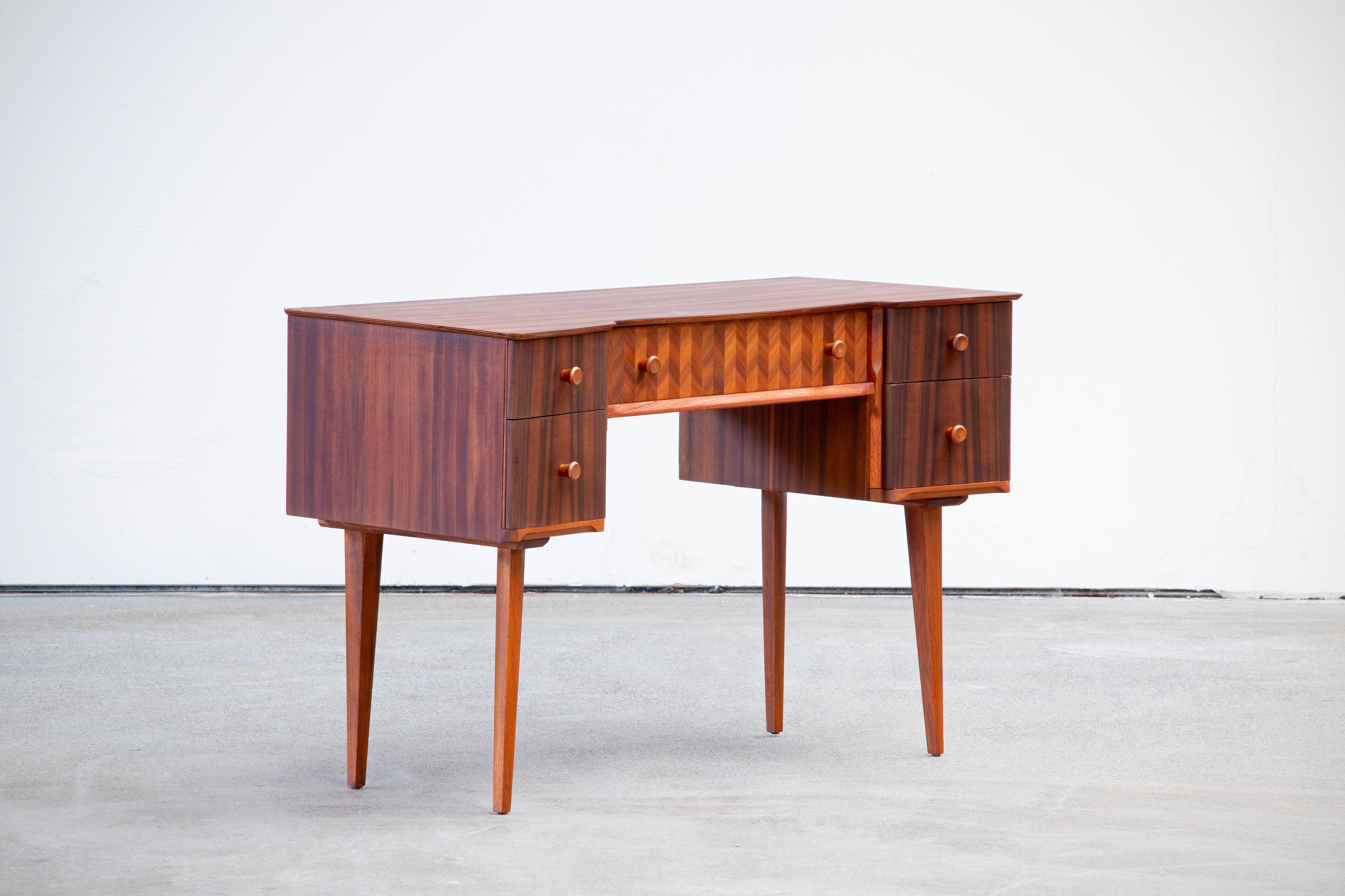 Scandinavian Modern 1950s Teak and Walnut Writing Desk with Marquetry