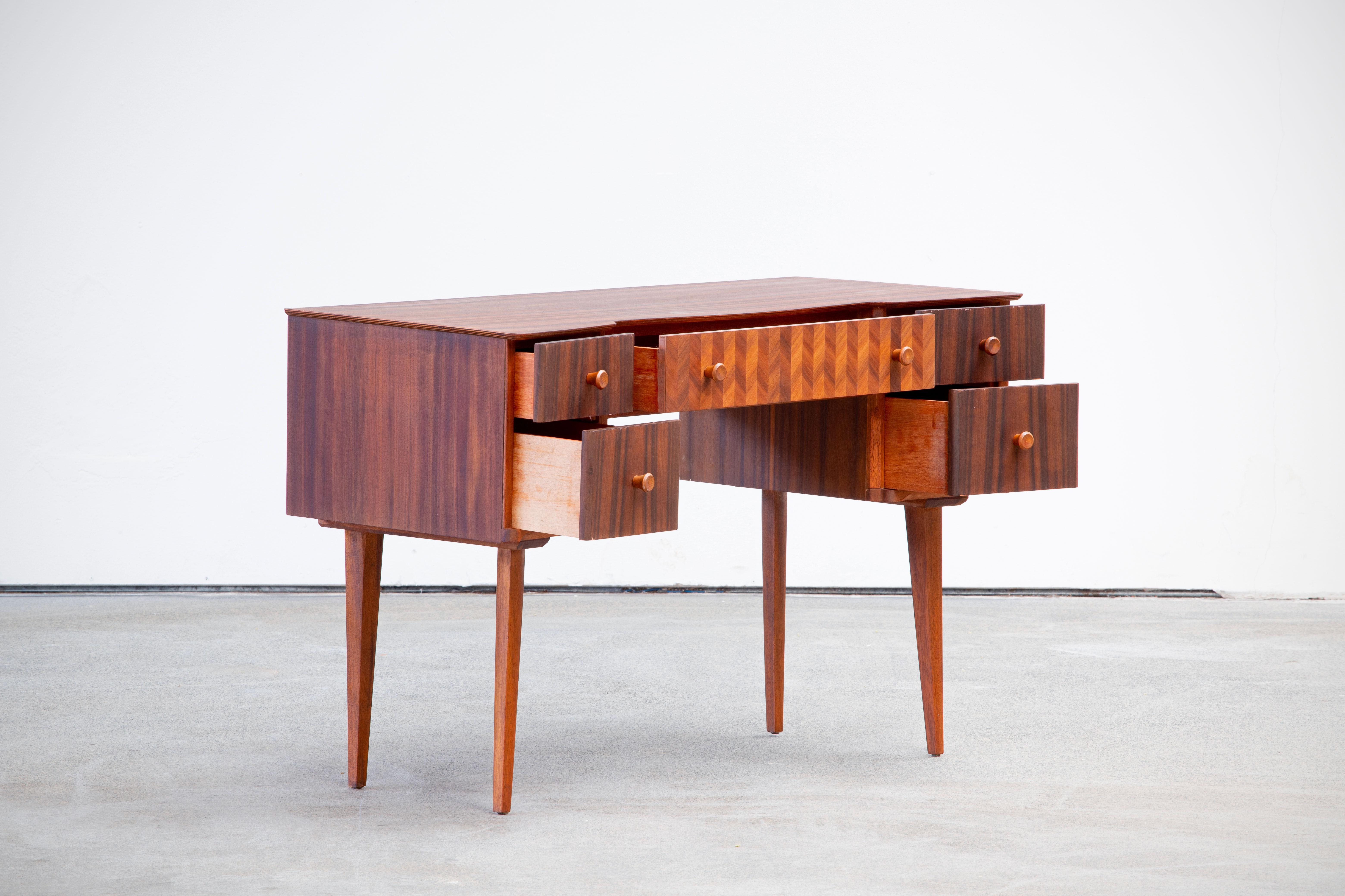 English 1950s Teak and Walnut Writing Desk with Marquetry
