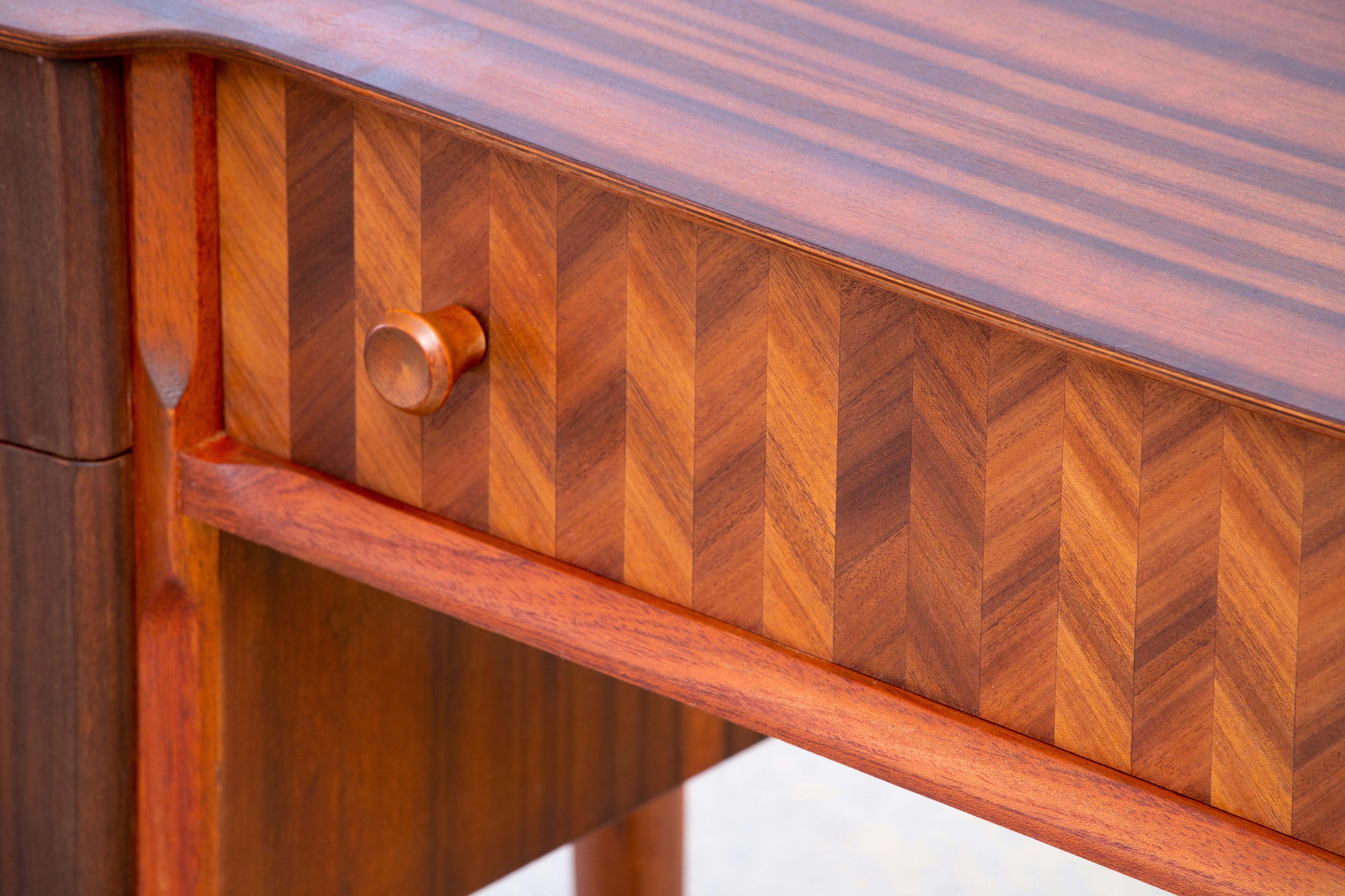 Veneer 1950s Teak and Walnut Writing Desk with Marquetry