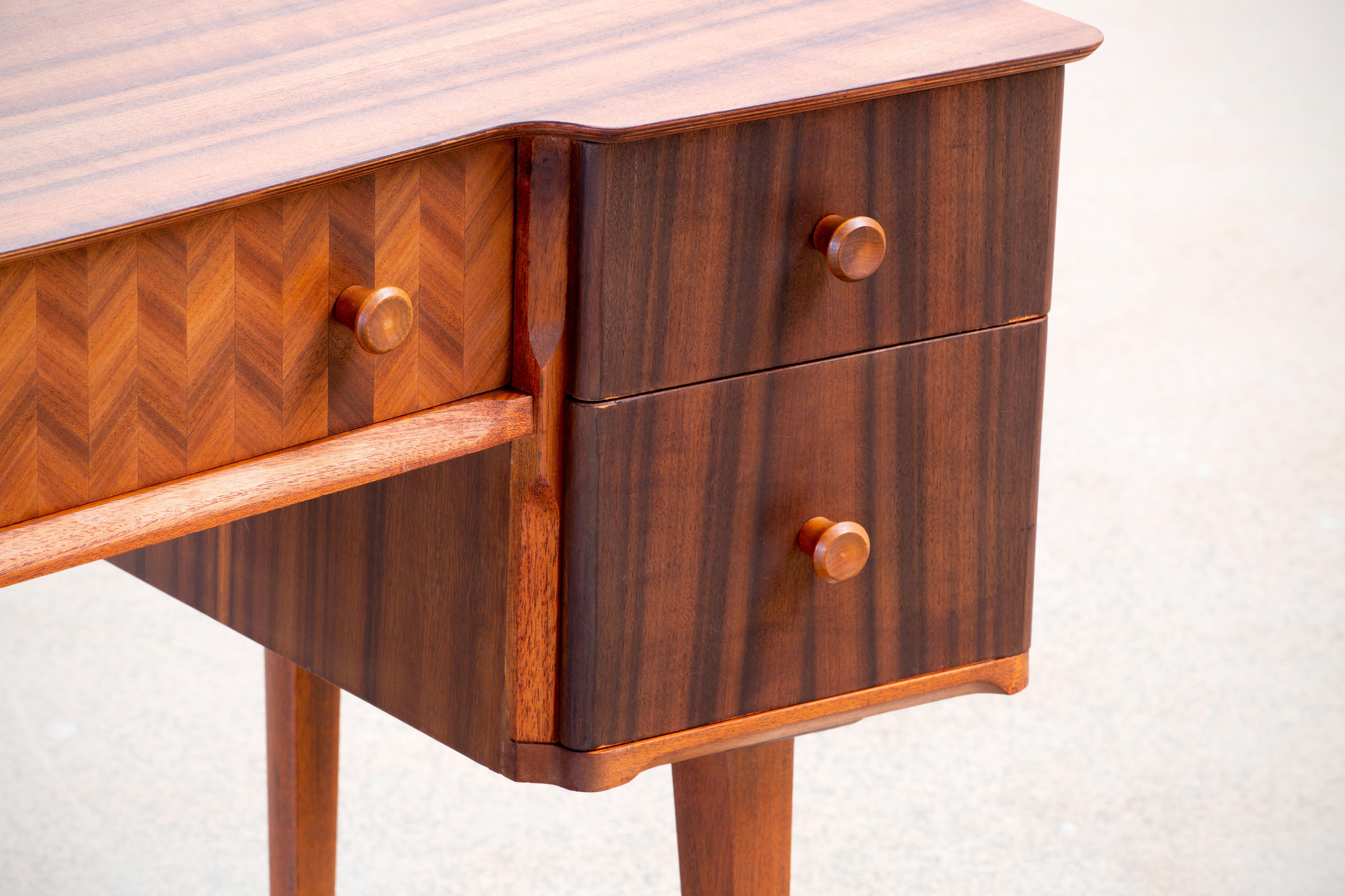 20th Century 1950s Teak and Walnut Writing Desk with Marquetry