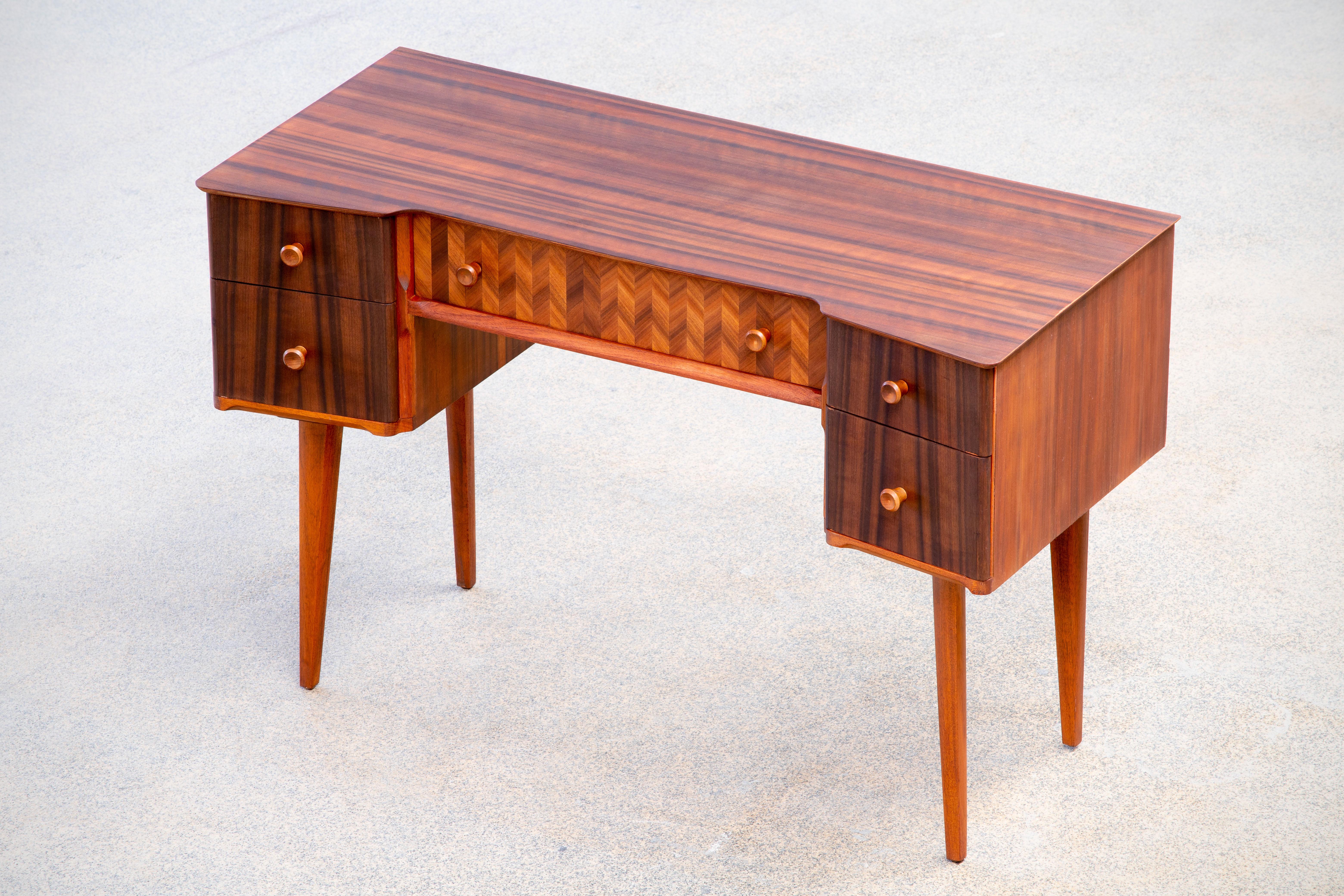 1950s Teak and Walnut Writing Desk with Marquetry 2
