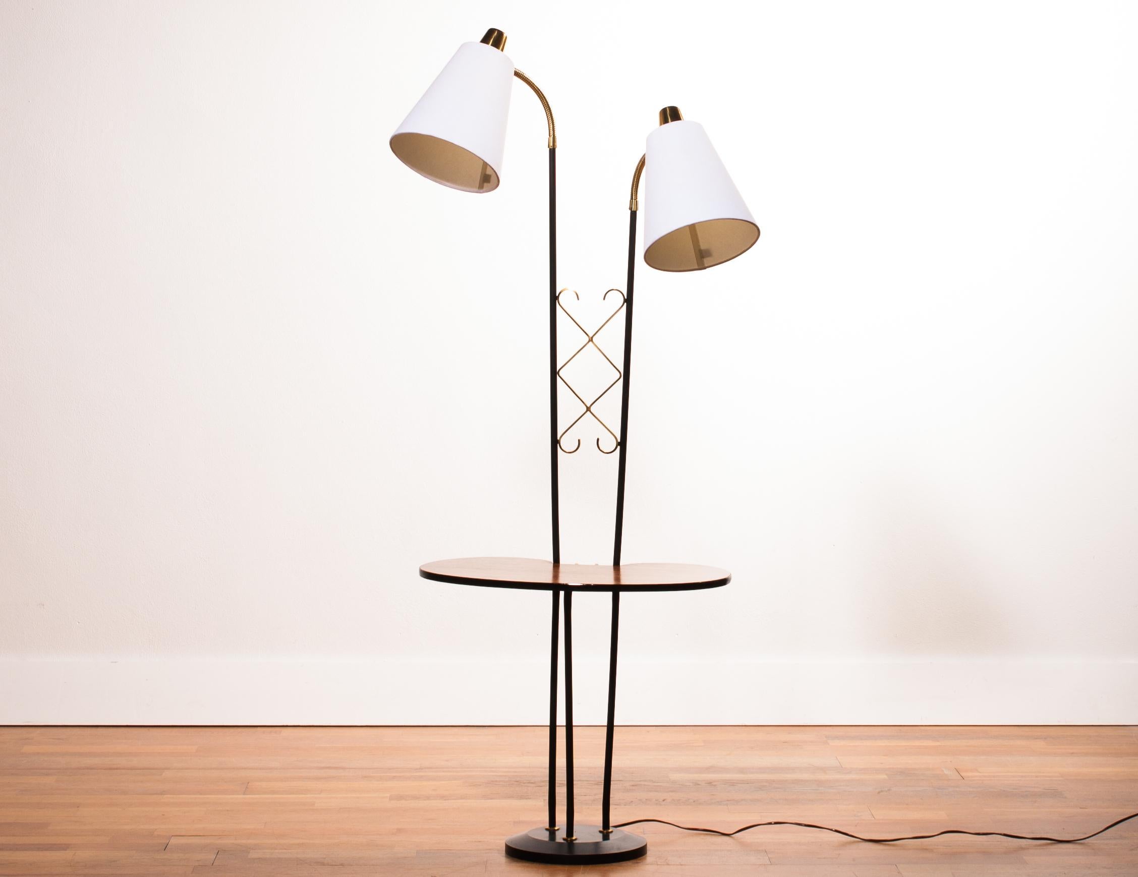 1950s, Teak, Brass and Black Metal Two Lights Floor Lamp with Table 1