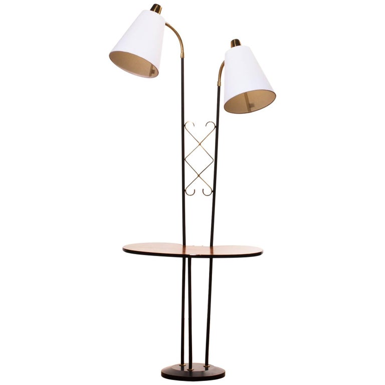 1950s Teak Br And Black Metal Two Lights Floor Lamp With Table