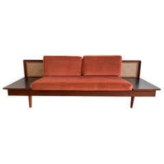 1950s Teak, Cane and Velvet Modular Sofa or Daybed
