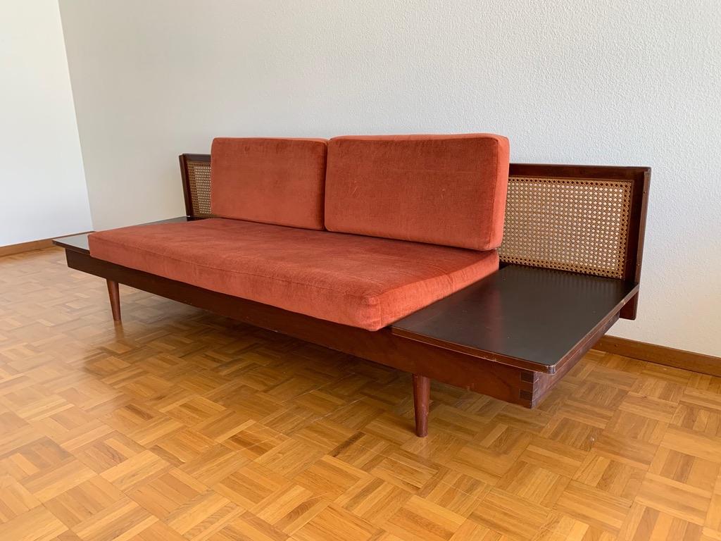 1950s teak frame, cane backrest, velvet cushions sofa.
Black top folding side tables can be transformed as a daybed.
Unknowed origin.
Good vintage condition.
   