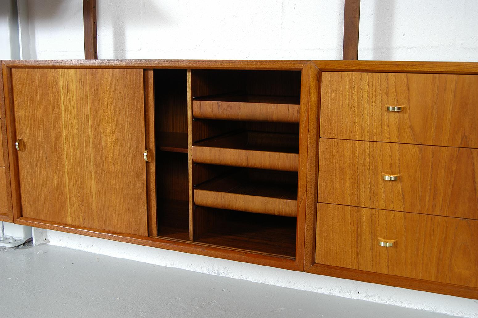 Brass 1950s Teak Danish Royal Modular Shelving System Wall Unit by Poul Cadovius
