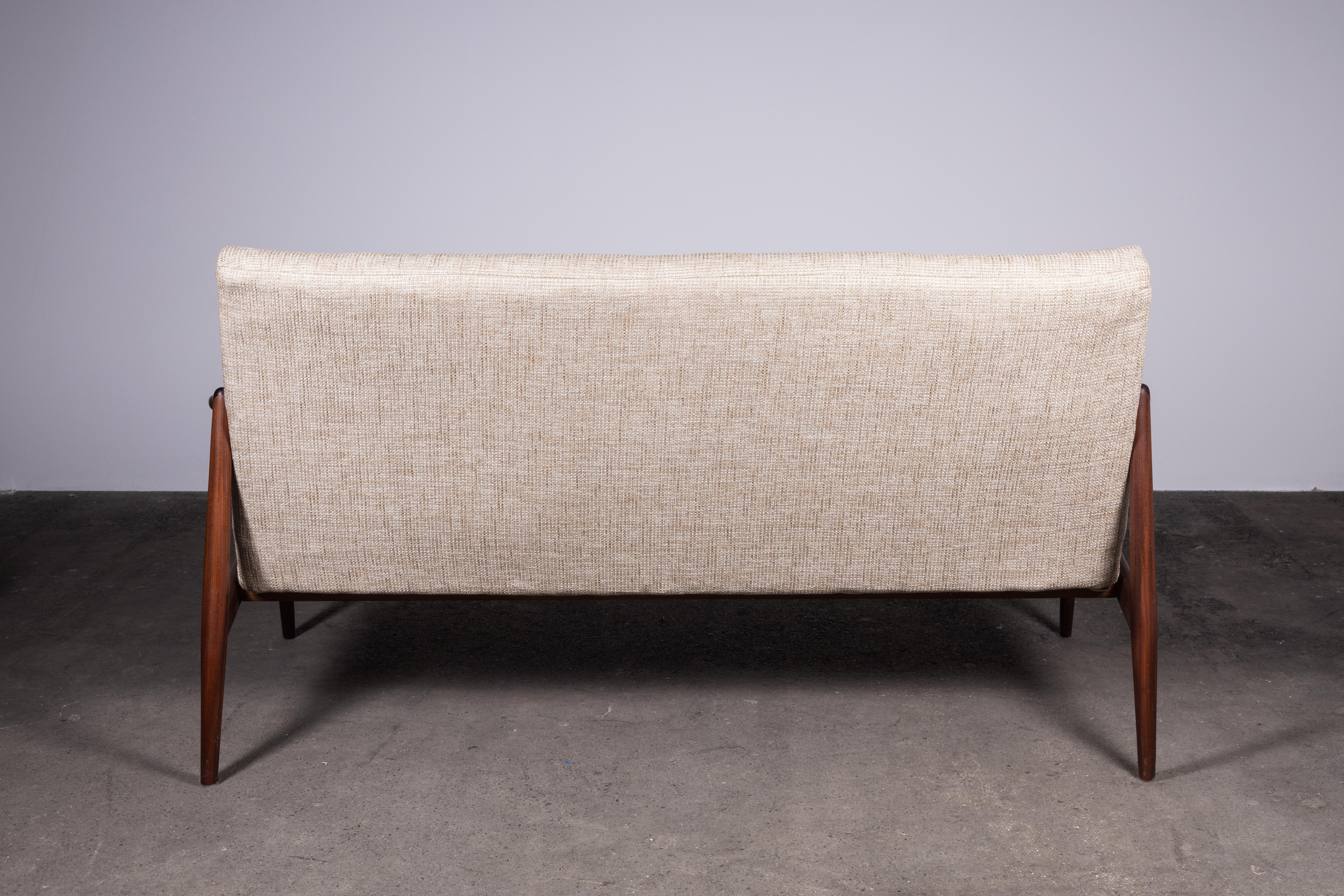 Organic Modern 1950s Teak Living Room Sofa Set by Lohmeyer Upholstered à la Coco Chanel For Sale