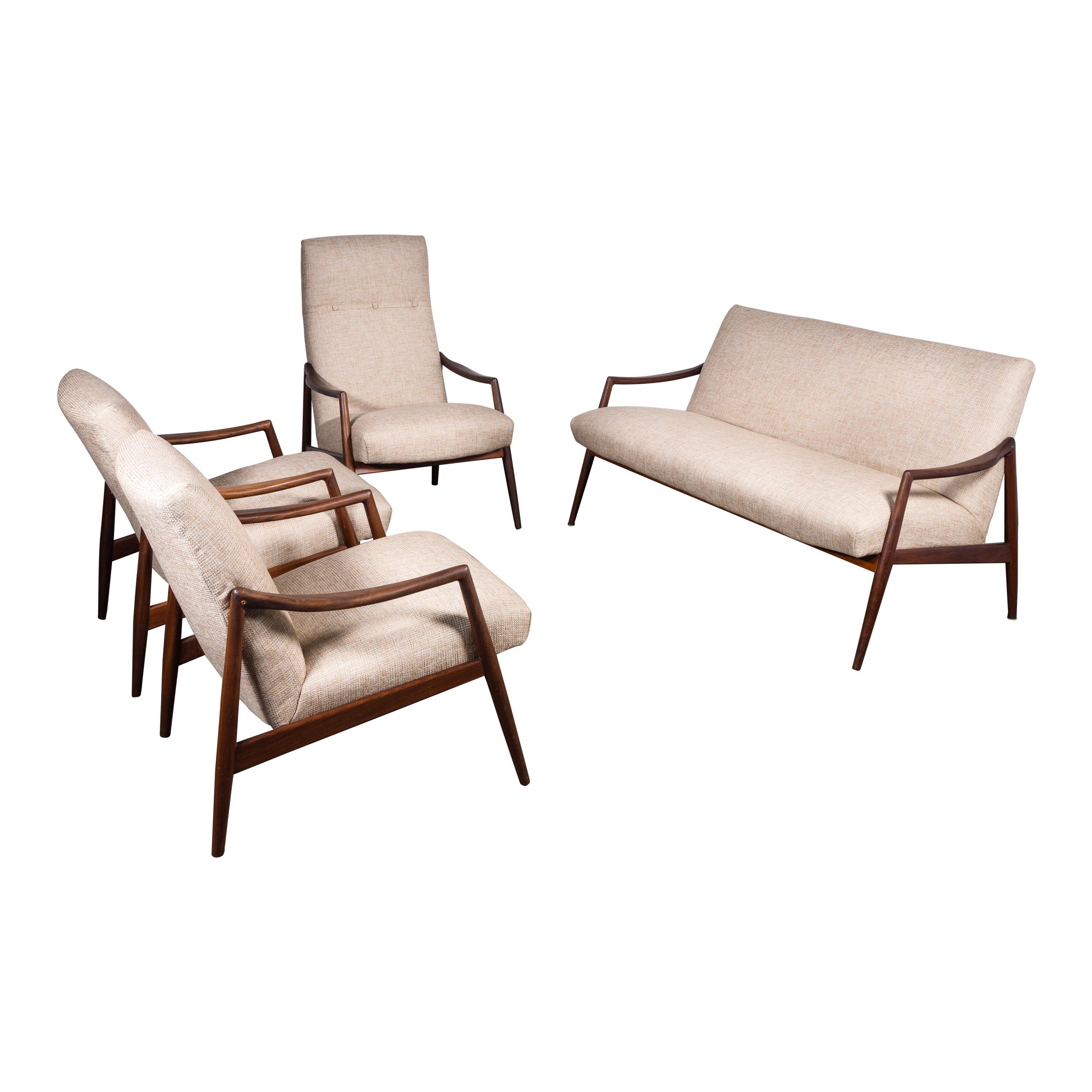 1950er Teakholz-Wohnzimmersofa-Set von Lohmeyer gepolstert à la Coco Chanel