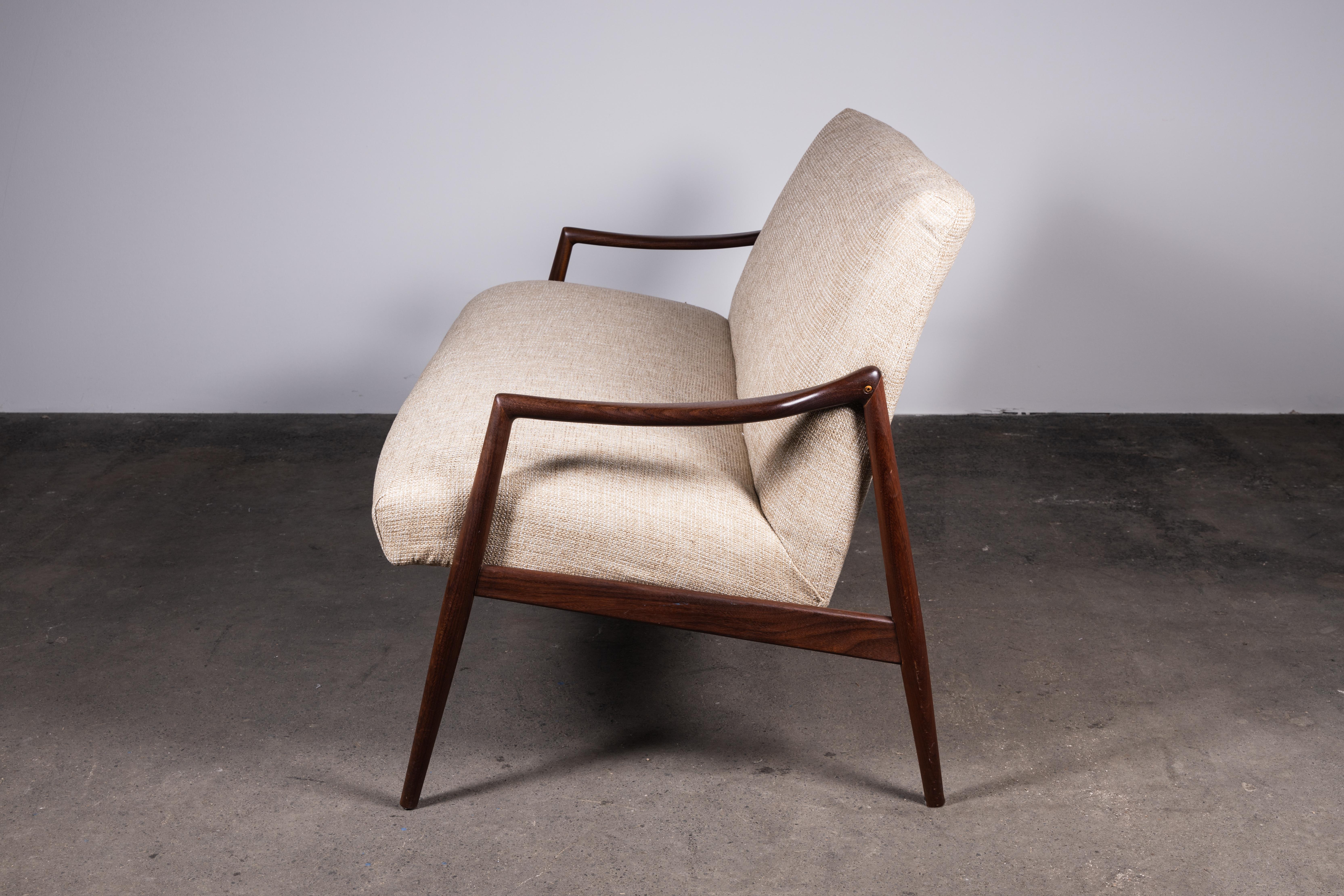 Mid-Century Modern 1950s Teak Loveseat Sofa by Lohmeyer Upholstered à la Coco Chanel
