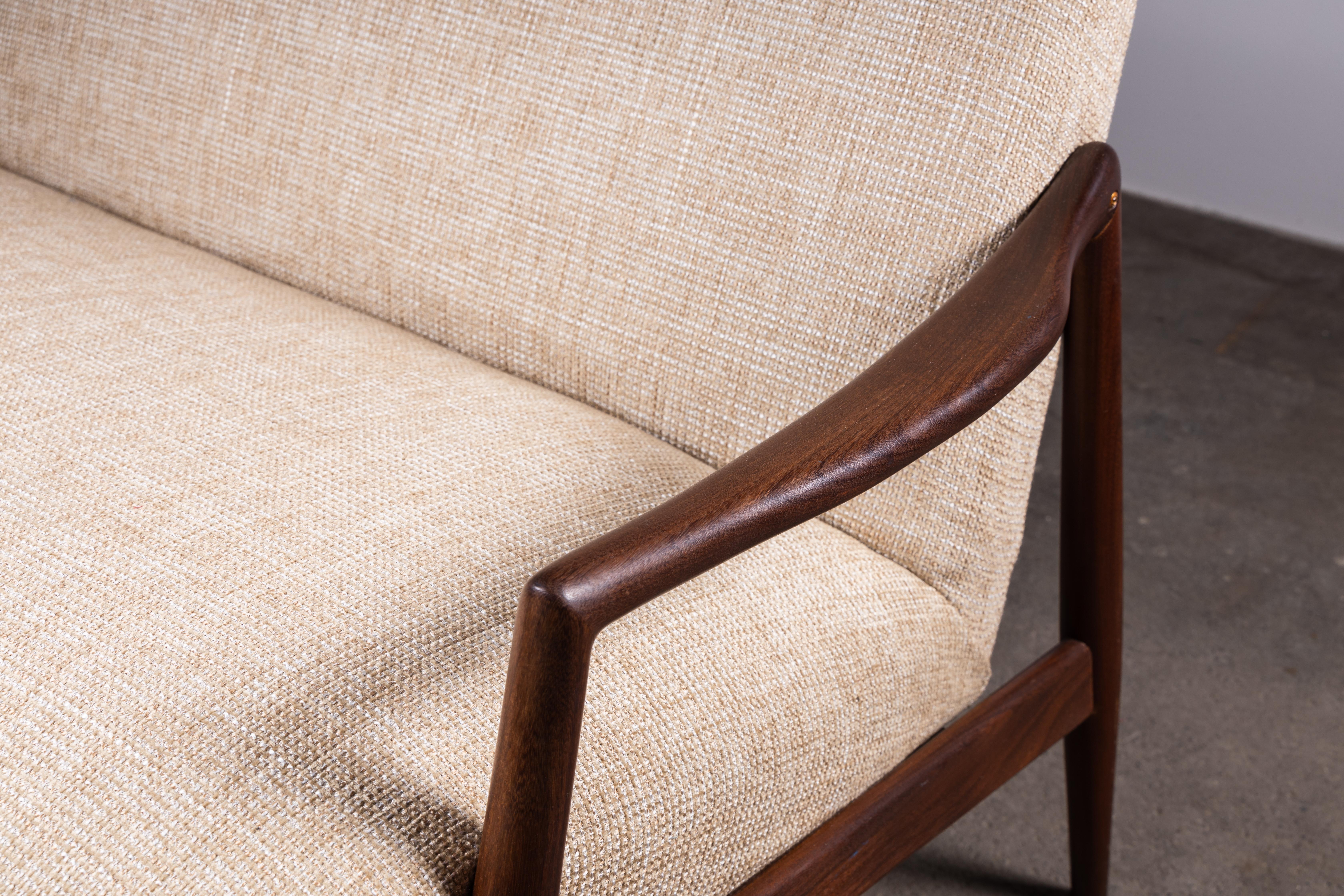 Mid-20th Century 1950s Teak Loveseat Sofa by Lohmeyer Upholstered à la Coco Chanel