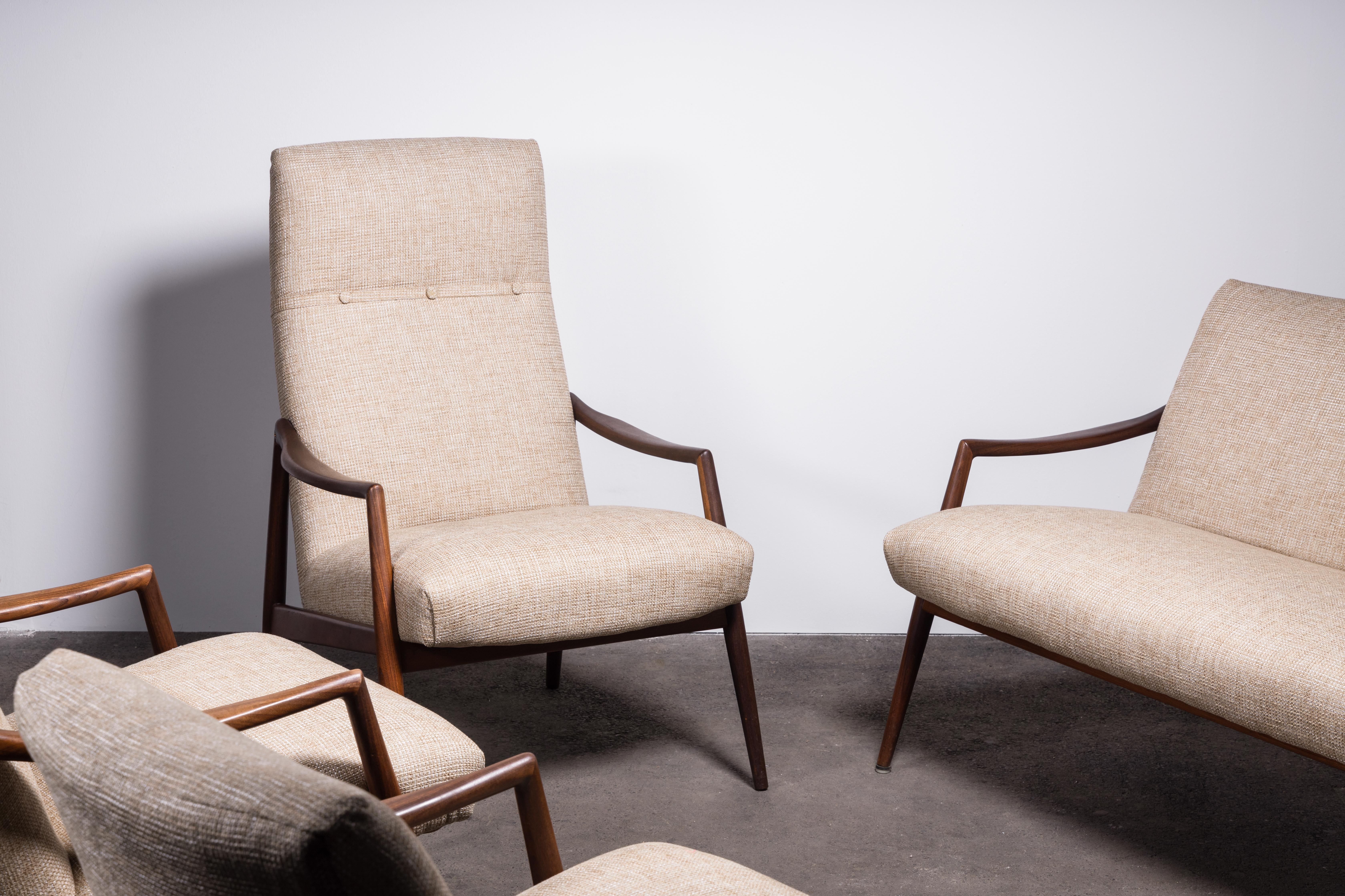 Fabric 1950s Teak Loveseat Sofa by Lohmeyer Upholstered à la Coco Chanel