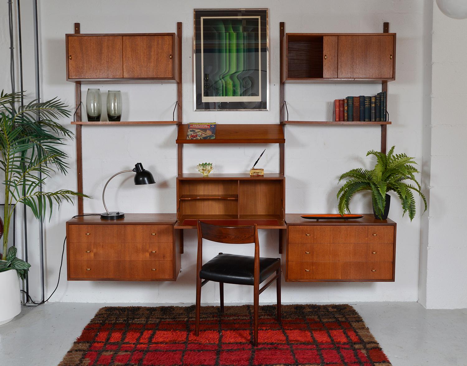 1950s Teak Modular Danish Royal System Shelving by Poul Cadovius Office Desk Bar 1