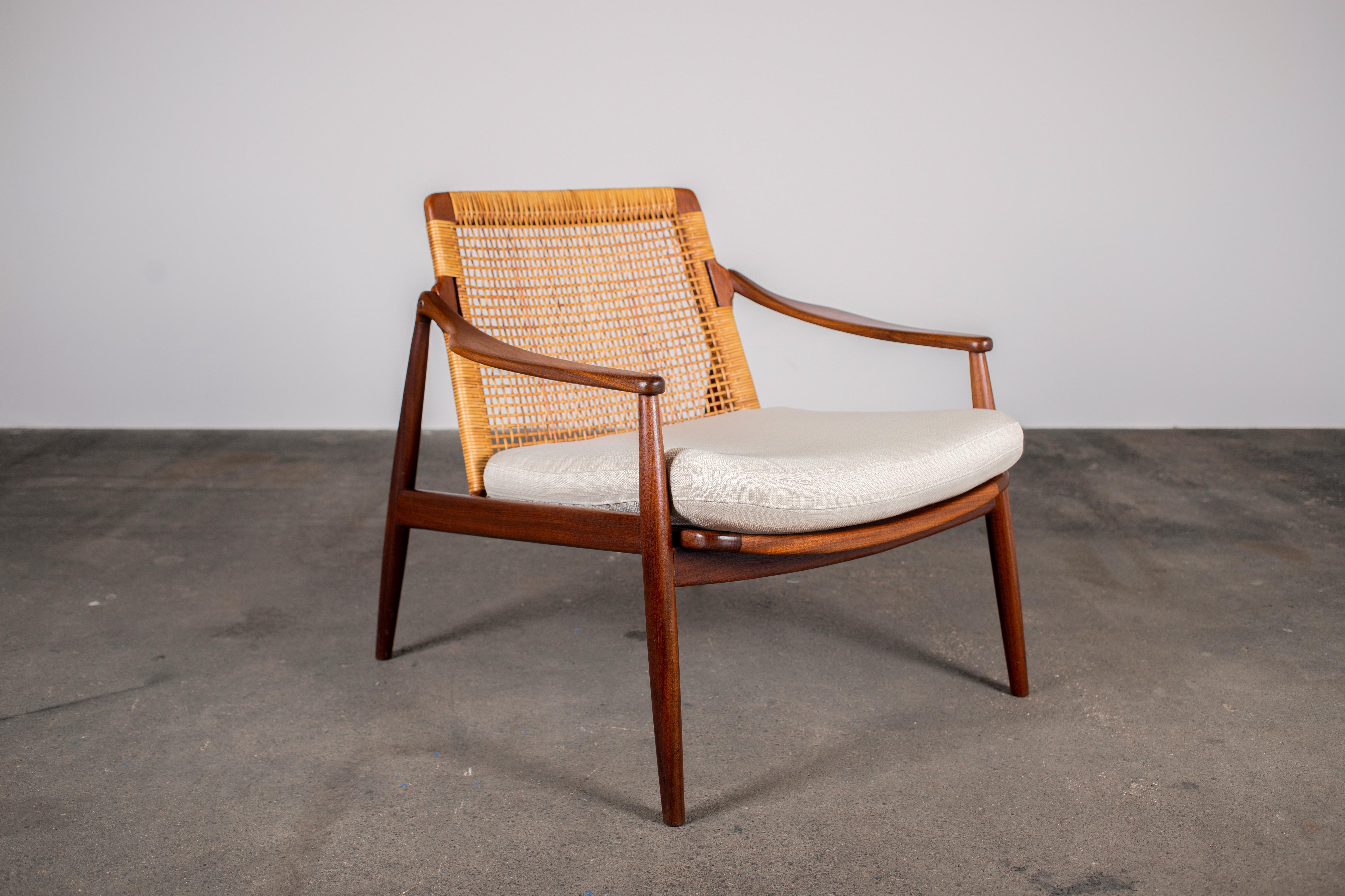 Hand-Carved 1950s Teak & Rattan Arm Chair by Hartmut Lohmeyer for Wilkhahn