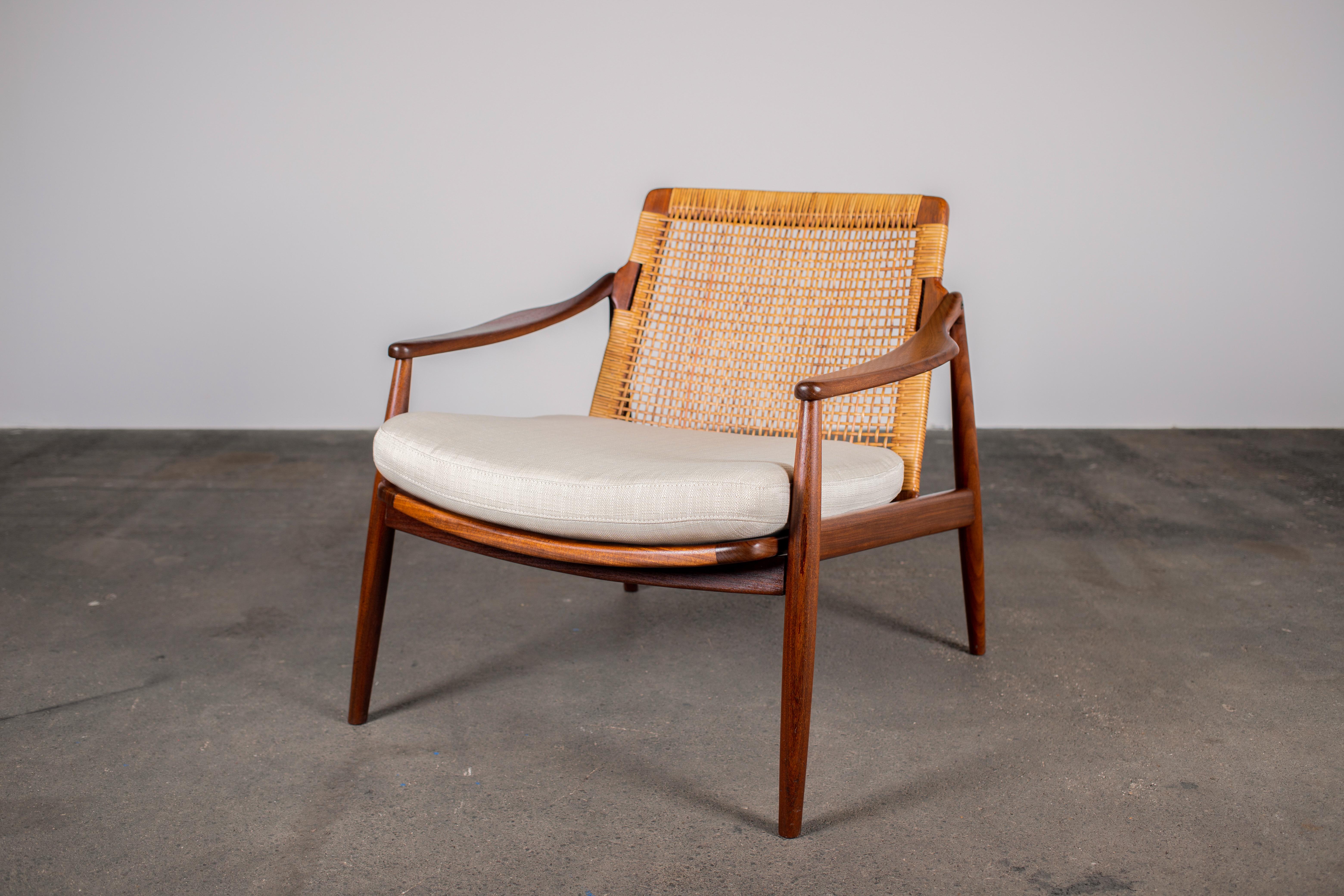 Linen 1950s Teak & Rattan Arm Chair by Hartmut Lohmeyer for Wilkhahn