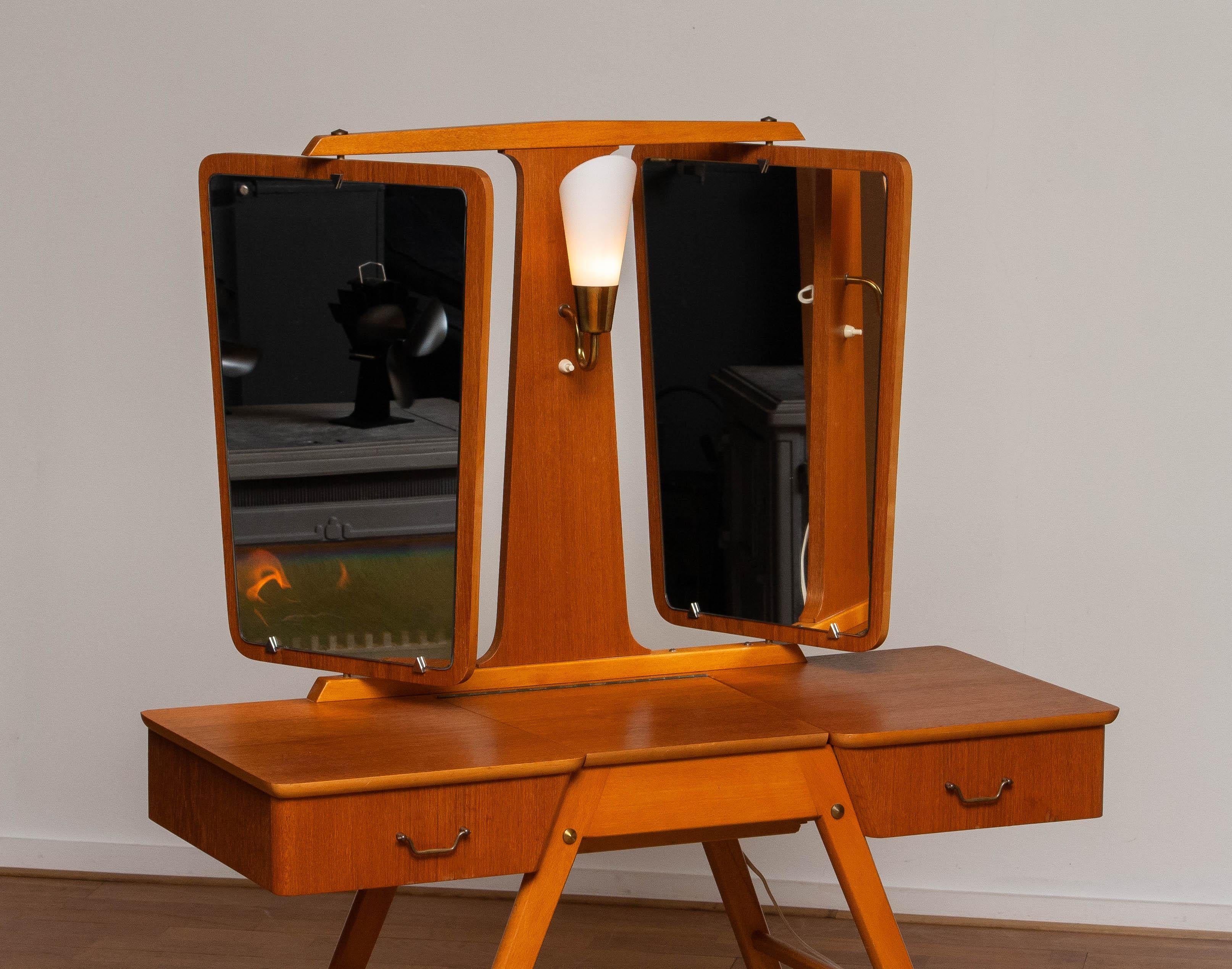 Brass 1950's Teak Slim Scandinavian Vanity with Two Mirrors and Light by G & T Sweden