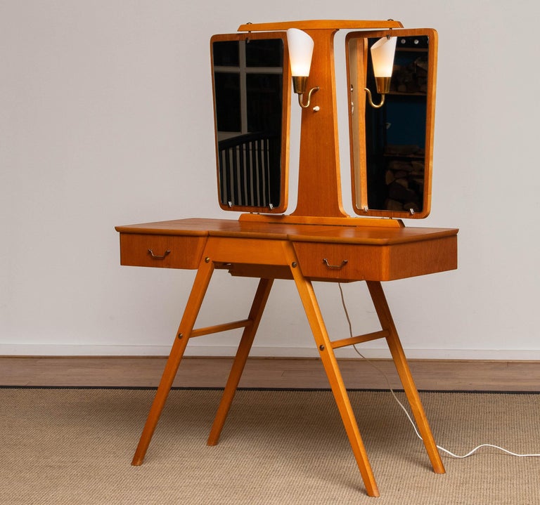 1950's Teak Slim Scandinavian Vanity with Two Mirrors and Light by G & T Sweden For Sale 6