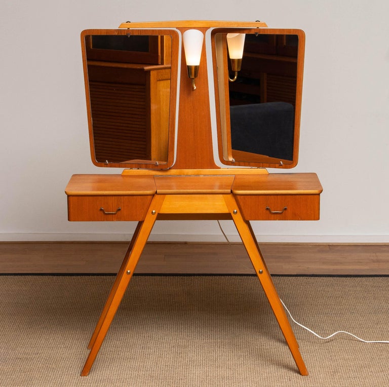 Scandinavian Modern 1950's Teak Slim Scandinavian Vanity with Two Mirrors and Light by G & T Sweden For Sale
