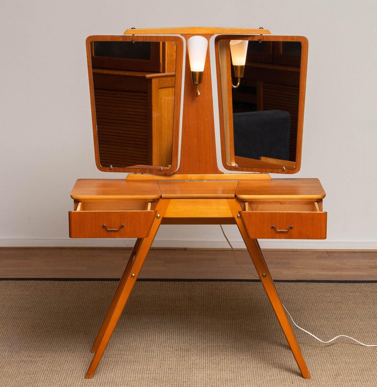 Swedish 1950's Teak Slim Scandinavian Vanity with Two Mirrors and Light by G & T Sweden For Sale