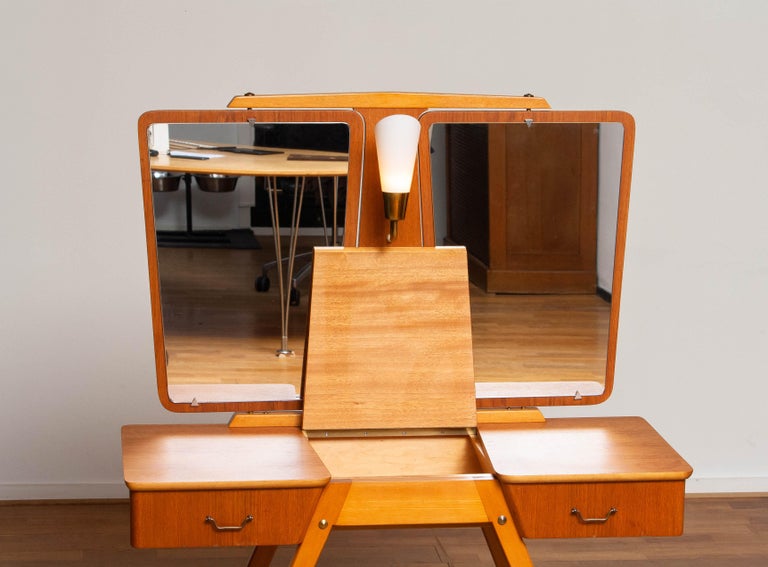 Mid-20th Century 1950's Teak Slim Scandinavian Vanity with Two Mirrors and Light by G & T Sweden For Sale