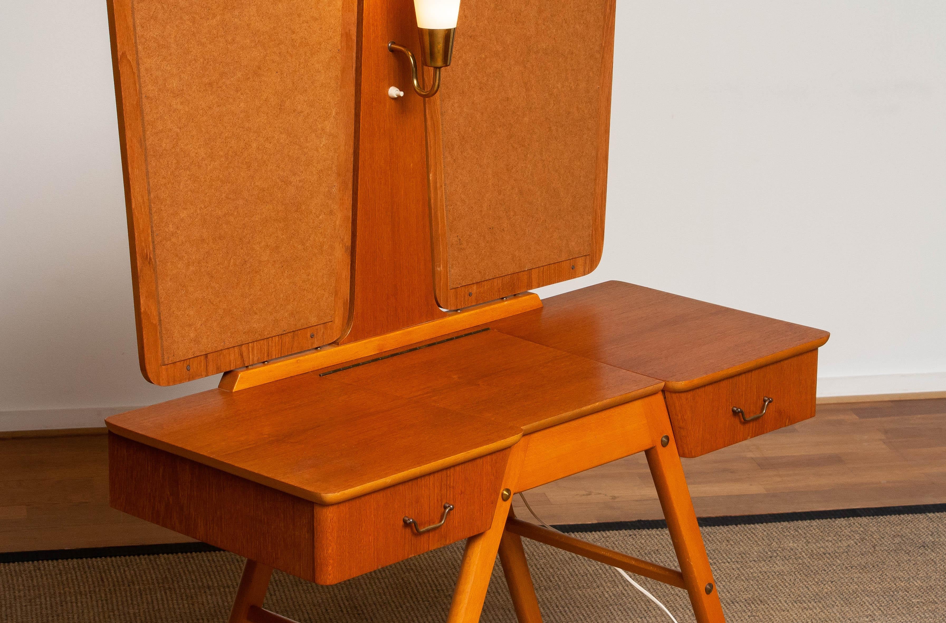 Mid-20th Century 1950's Teak Slim Scandinavian Vanity with Two Mirrors and Light by G & T Sweden