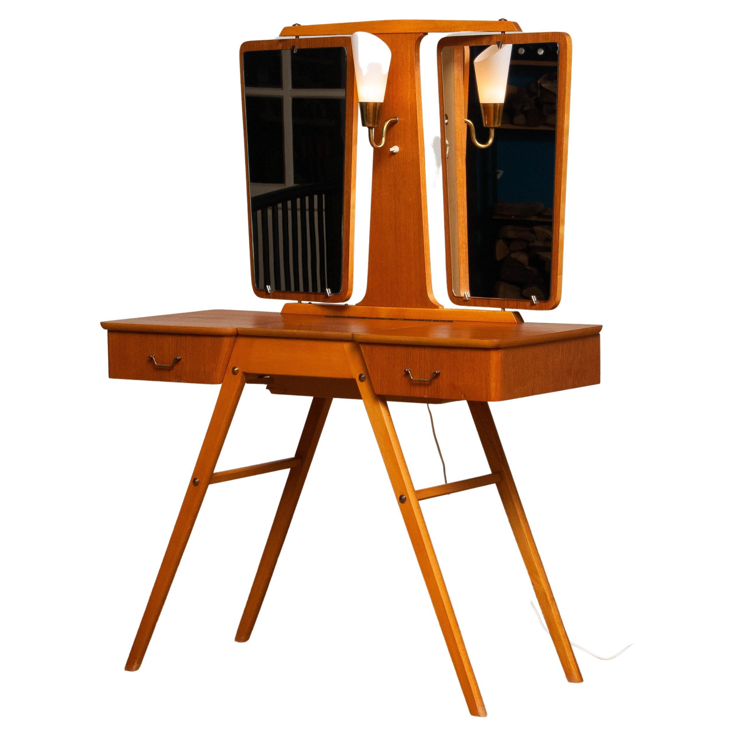 1950's Teak Slim Scandinavian Vanity with Two Mirrors and Light by G & T Sweden