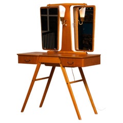 1950's Teak Slim Scandinavian Vanity with Two Mirrors and Light by G & T Sweden