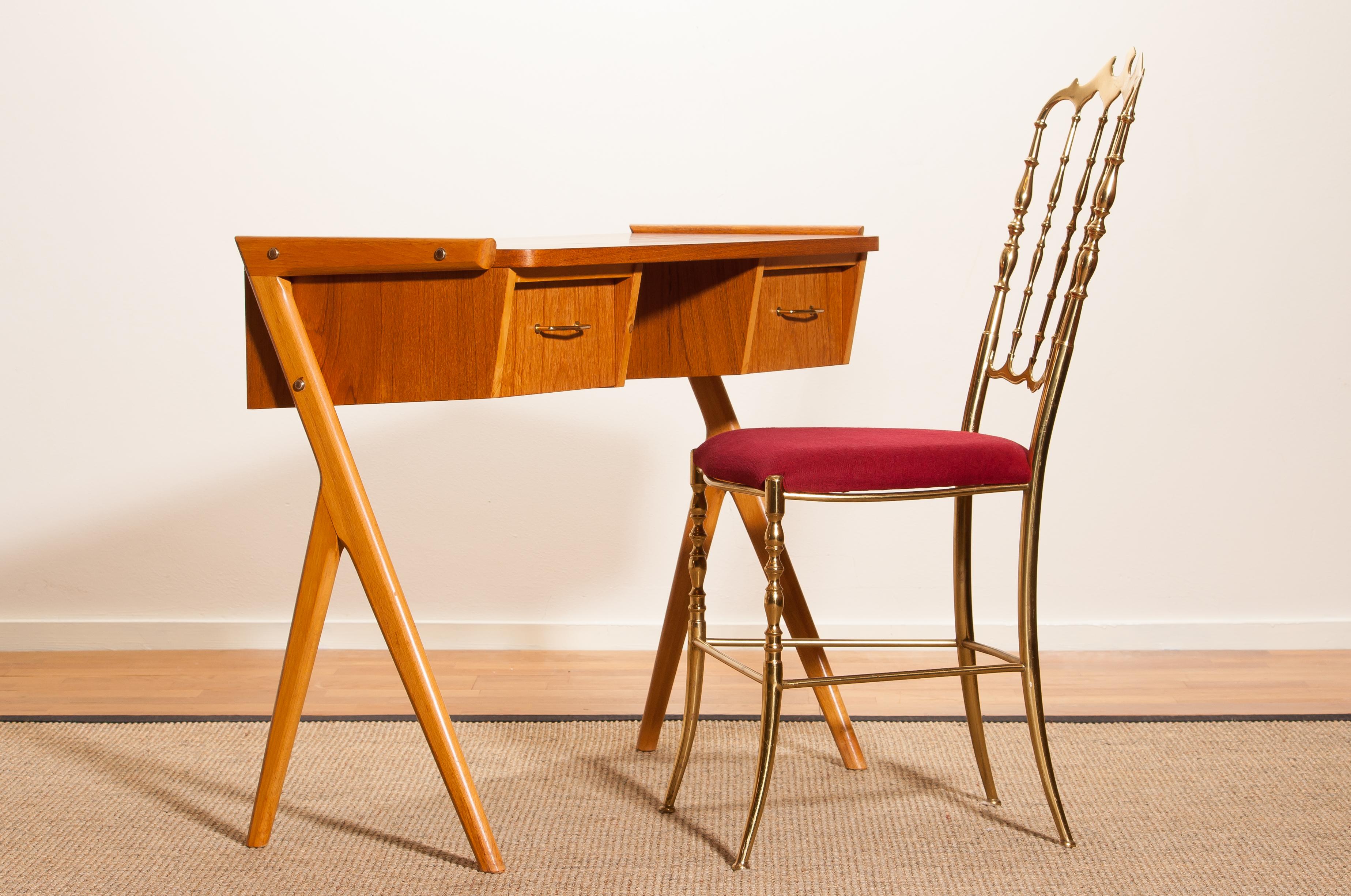 Brass 1950s, Teak Swedish Side Table or Ladies Desk
