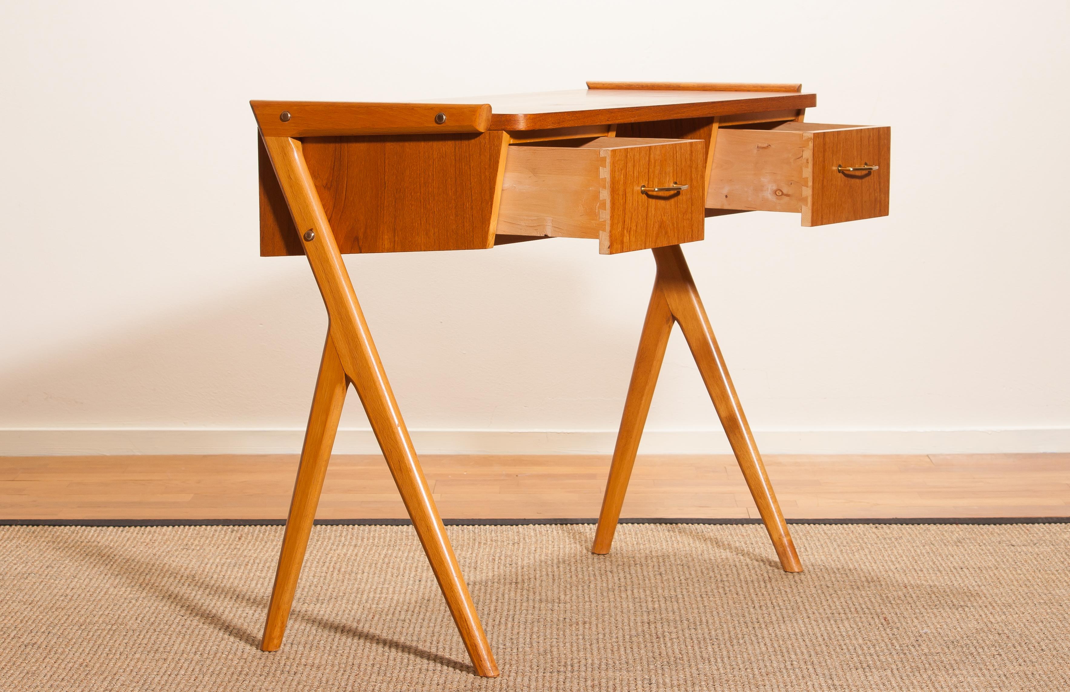 Brass 1950s, Teak Swedish Vanity or Ladies Desk