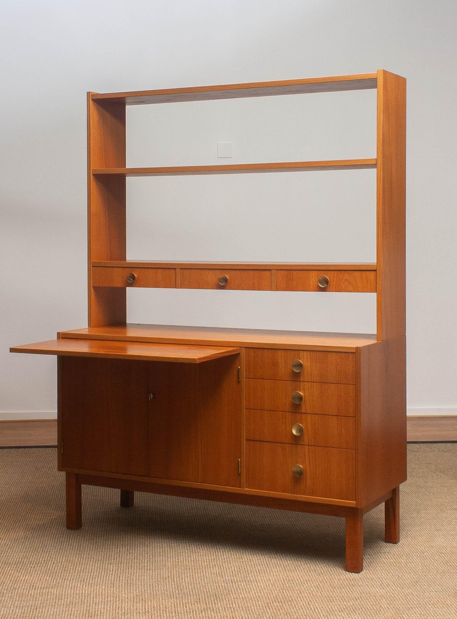 1950s Teak Veneer and Brass Bookshelves Cabinet with Writing Space from Sweden 5