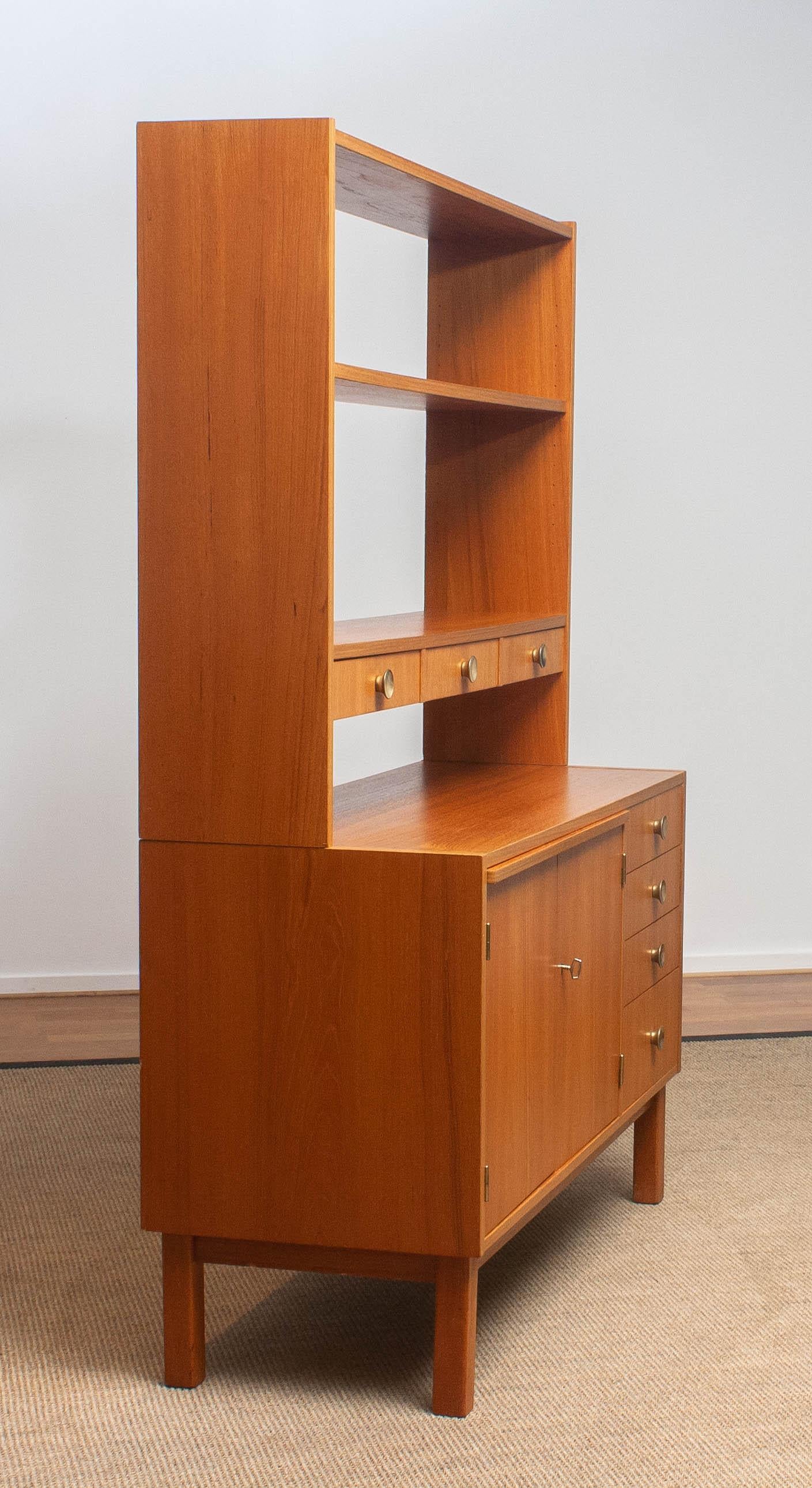 1950s Teak Veneer and Brass Bookshelves Cabinet with Writing Space from Sweden 10