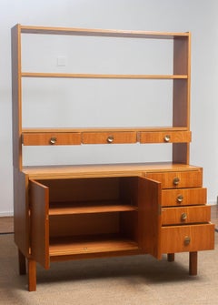1950s Teak Veneer and Brass Bookshelves Cabinet with Writing Space from Sweden