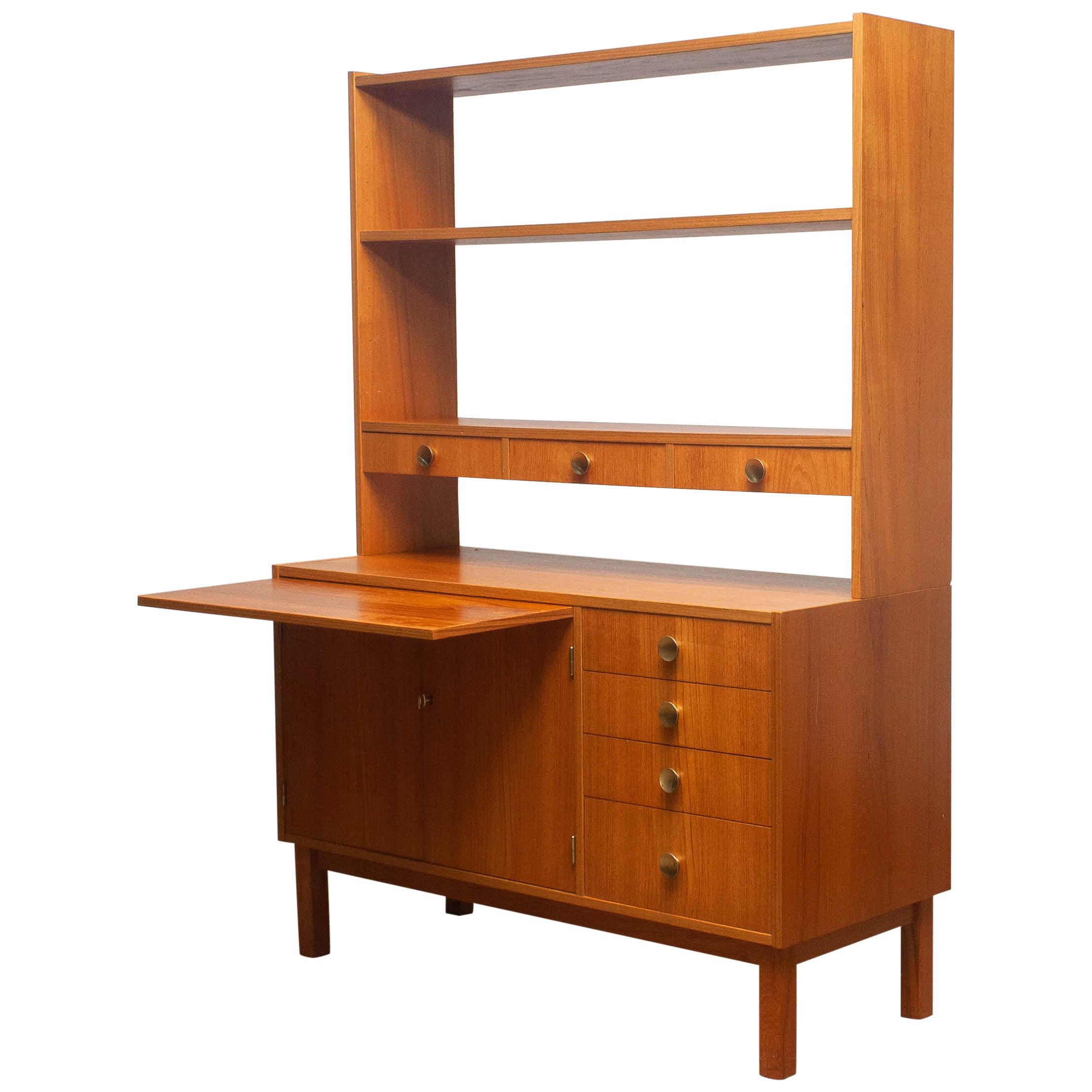 Scandinavian Modern 1950s Teak Veneer and Brass Bookshelves Cabinet with Writing Space from Sweden