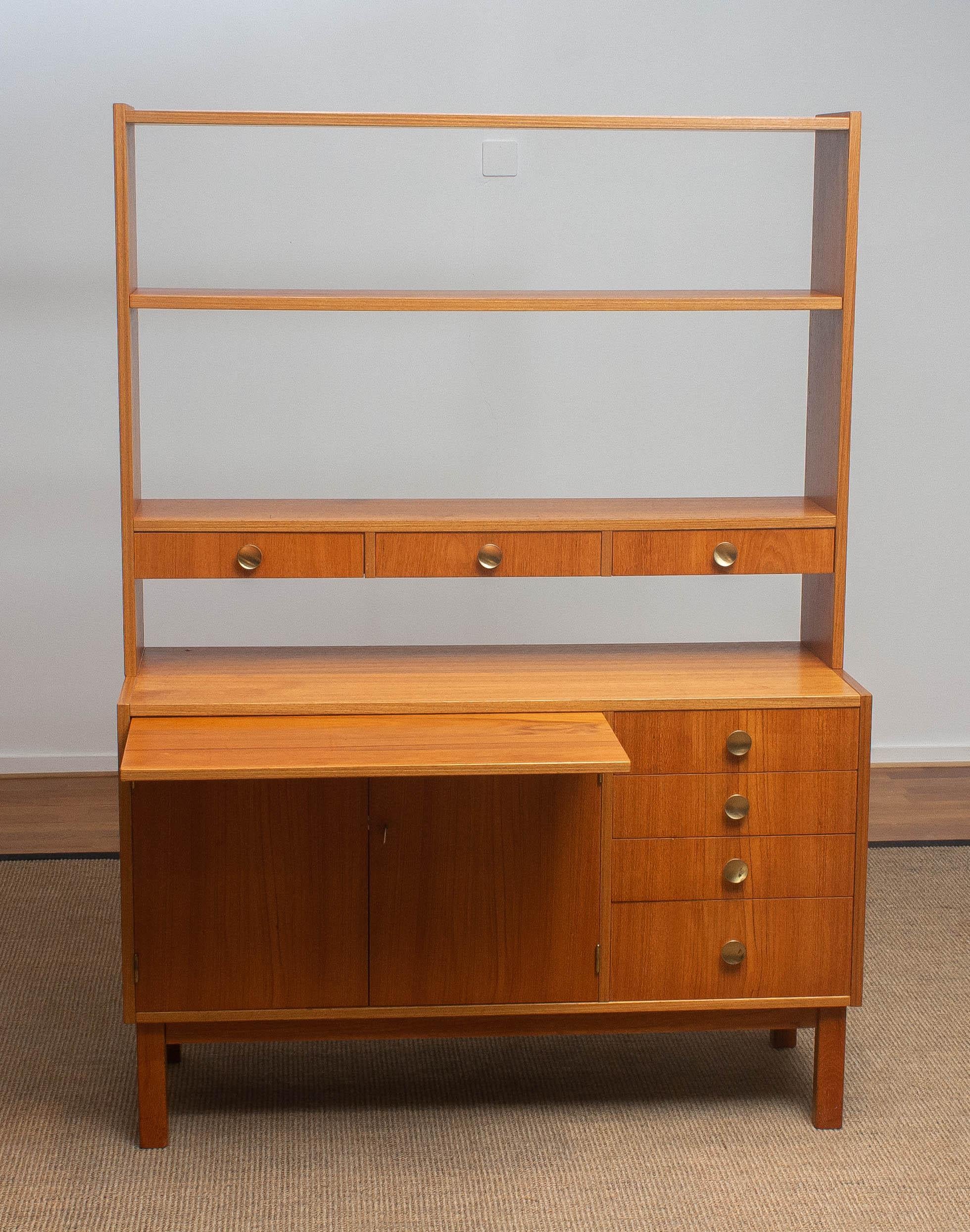 Scandinavian Modern 1950s Teak Veneer and Brass Bookshelves Cabinet with Writing Space from Sweden