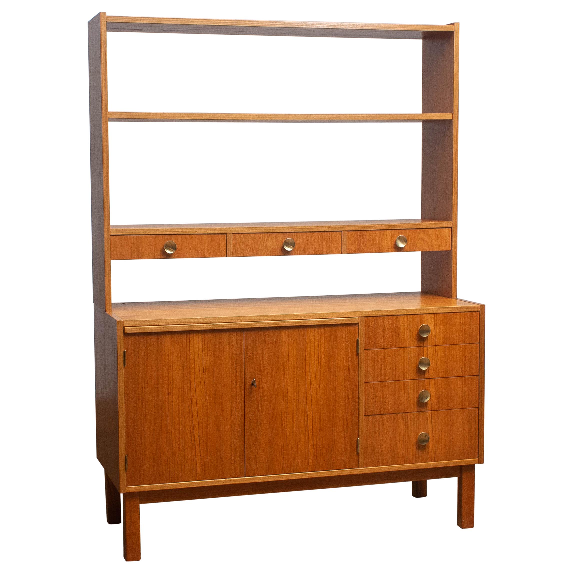 Swedish 1950s Teak Veneer and Brass Bookshelves Cabinet with Writing Space from Sweden