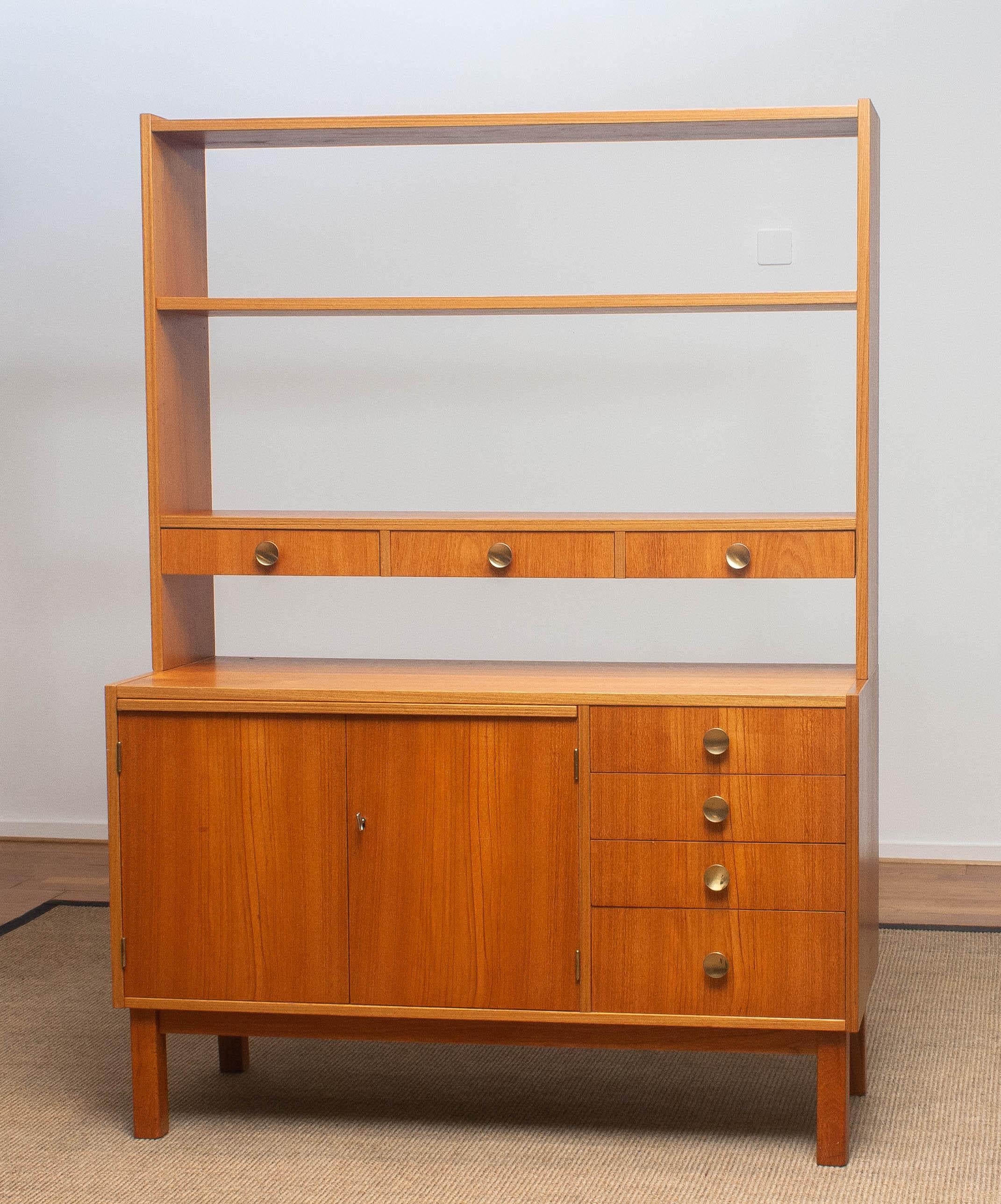 Mid-20th Century 1950s Teak Veneer and Brass Bookshelves Cabinet with Writing Space from Sweden