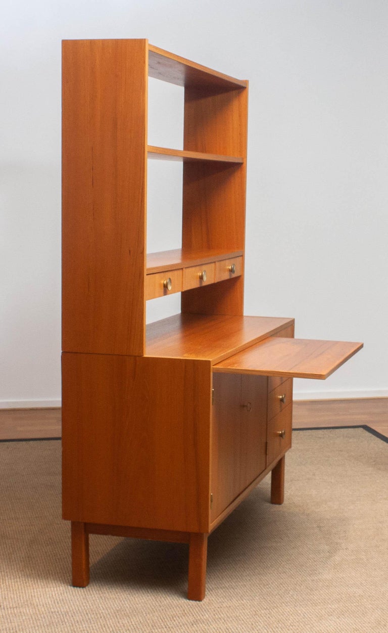 1950s Teak Veneer and Brass Bookshelves with Writing Space from