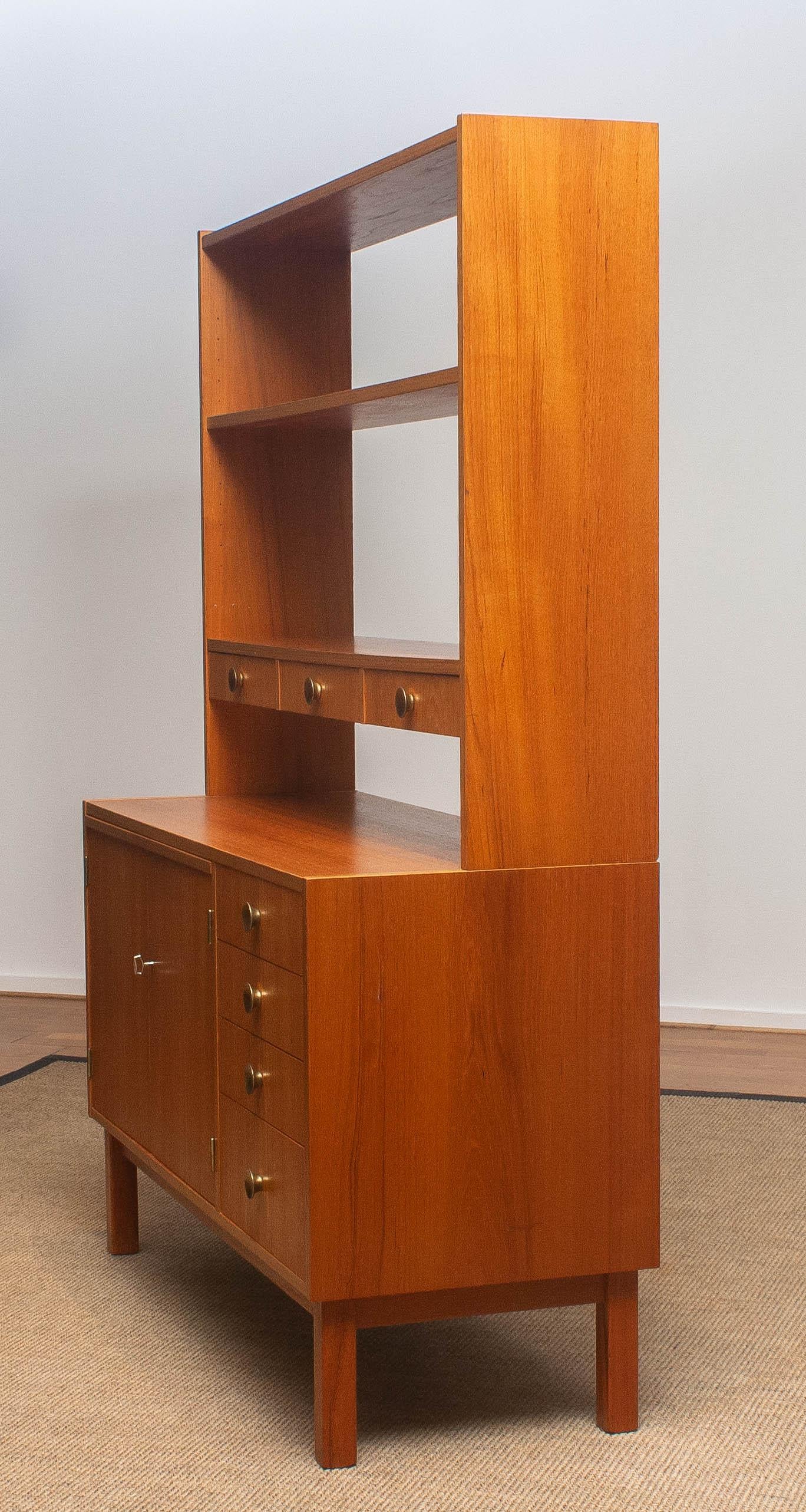 1950s Teak Veneer and Brass Bookshelves Cabinet with Writing Space from Sweden 1