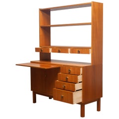 1950s Teak Veneer and Brass Bookshelves Cabinet with Writing Space from Sweden