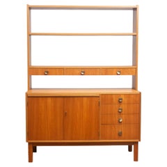 1950s Teak Veneer and Brass Bookshelves Cabinet with Writing Space from Sweden