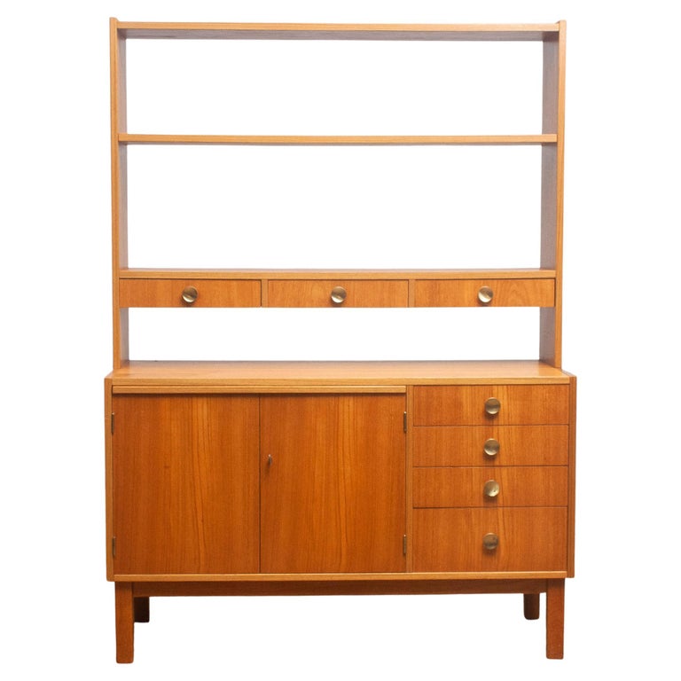 1950s Teak Veneer and Brass Bookshelves with Writing Space from