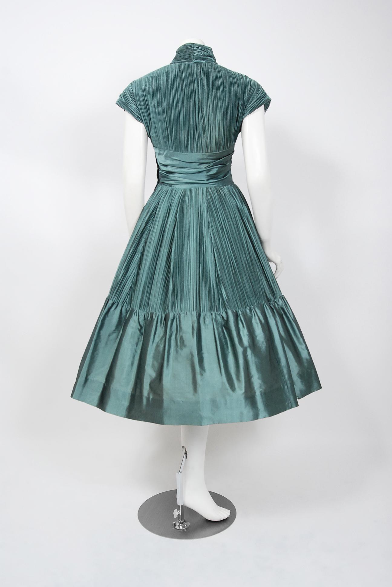 Vintage 1950's Teal Blue Heavily Pleated Silk Cummerbund Full-Skirt Custom Dress In Good Condition In Beverly Hills, CA