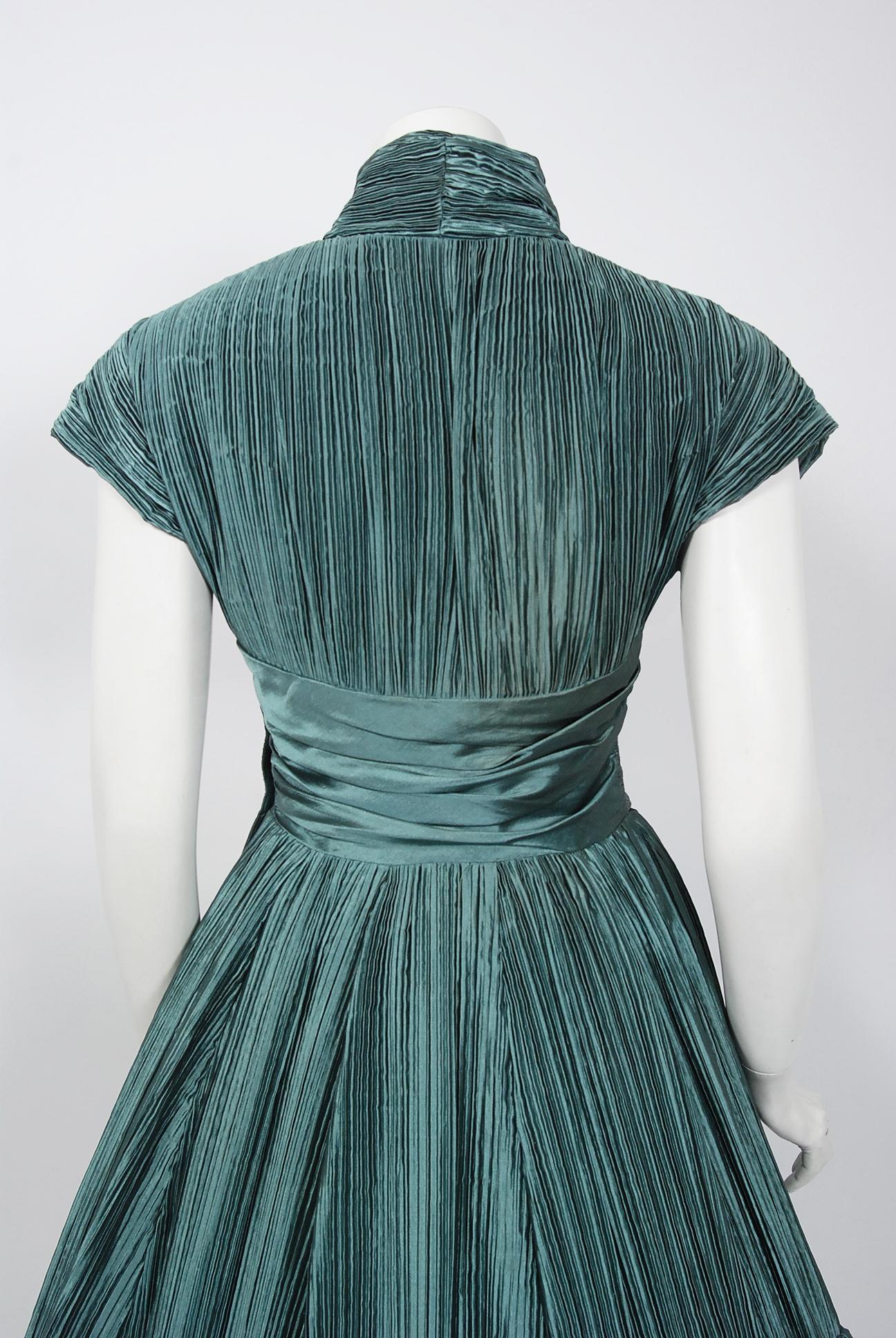 Women's Vintage 1950's Teal Blue Heavily Pleated Silk Cummerbund Full-Skirt Custom Dress