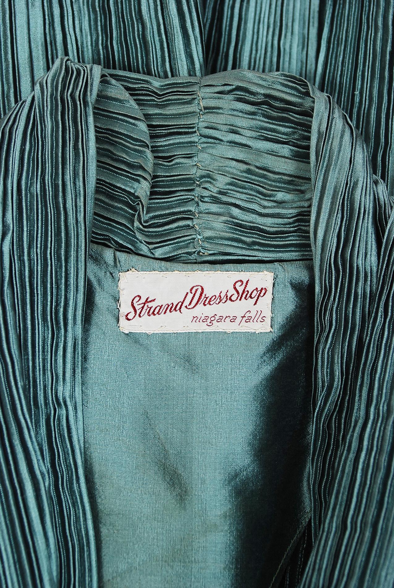 Vintage 1950's Teal Blue Heavily Pleated Silk Cummerbund Full-Skirt Custom Dress 1