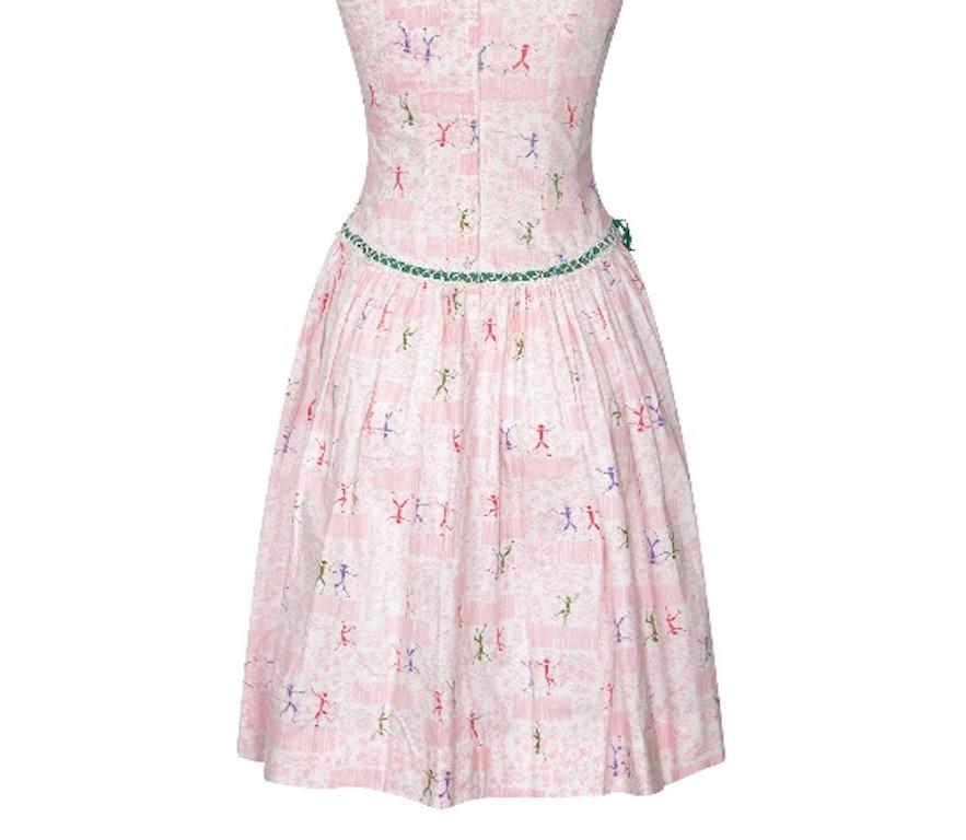 Beige  1950s Teena Paige Dancing Man Novelty Print Dress For Sale