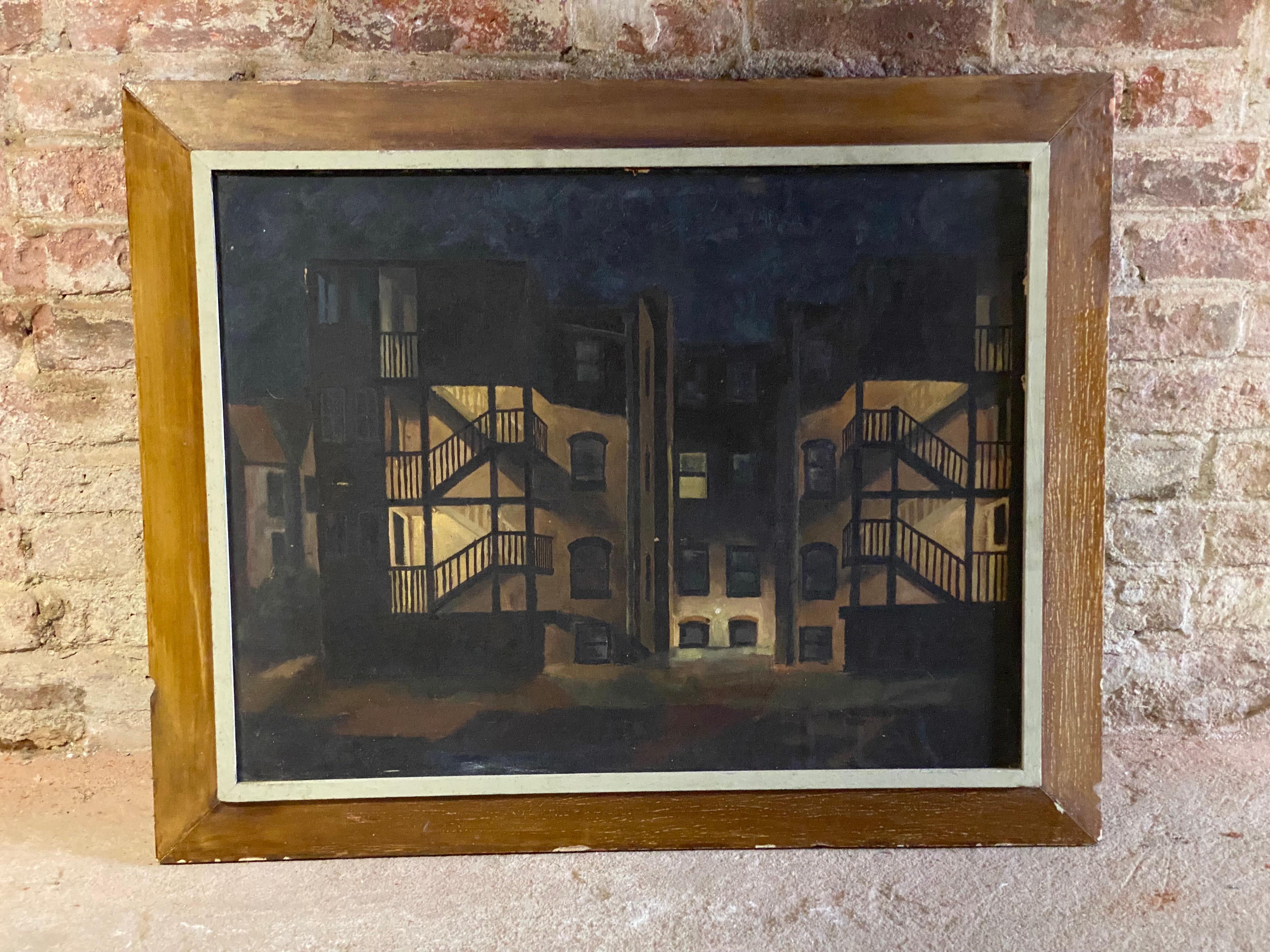 Peinture de la maison Tenement Row des années 1950 par Leonard Buzz Wallace en vente 4